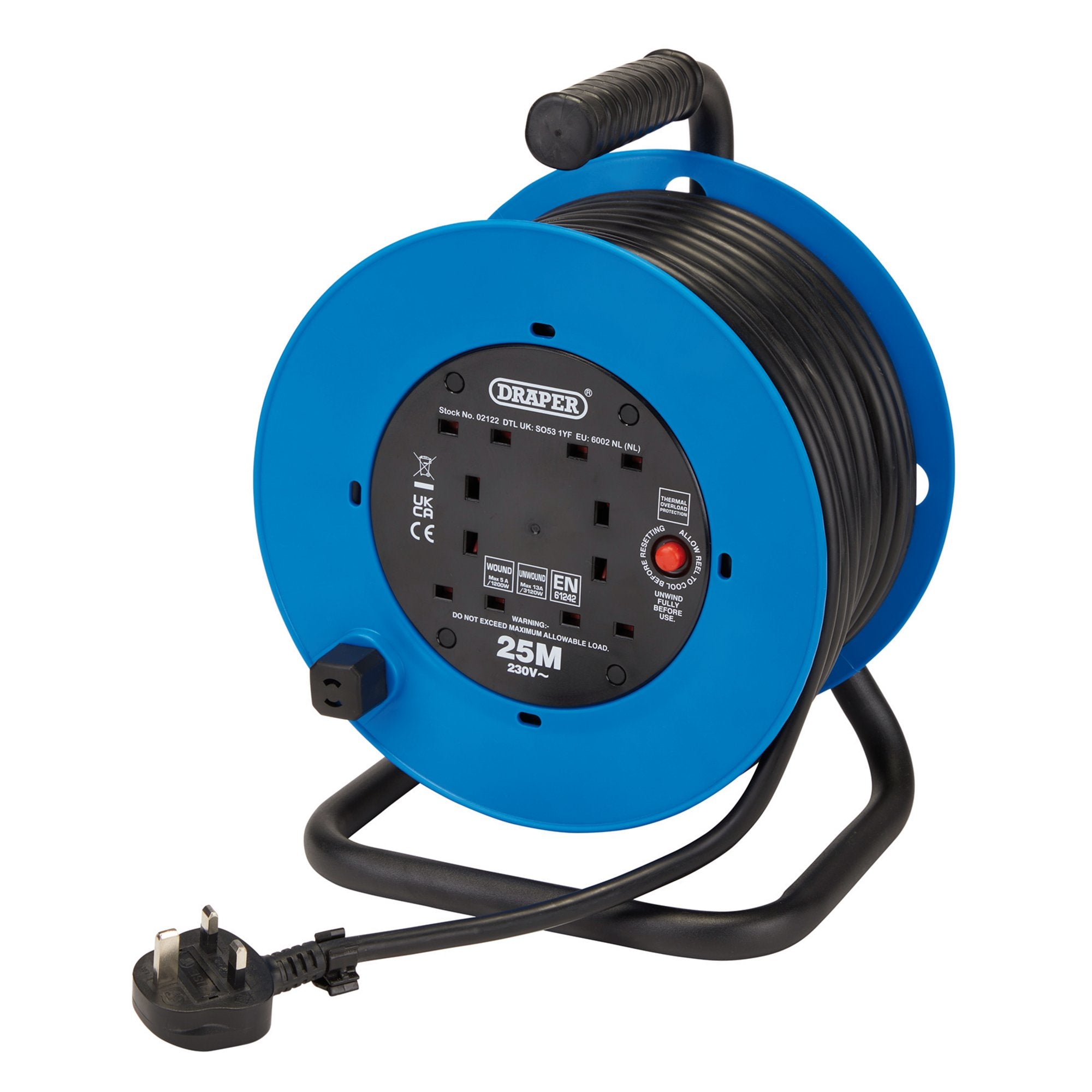 230V-Heavy-Duty-Industrial-Four-Socket-Cable-Reel,-25m