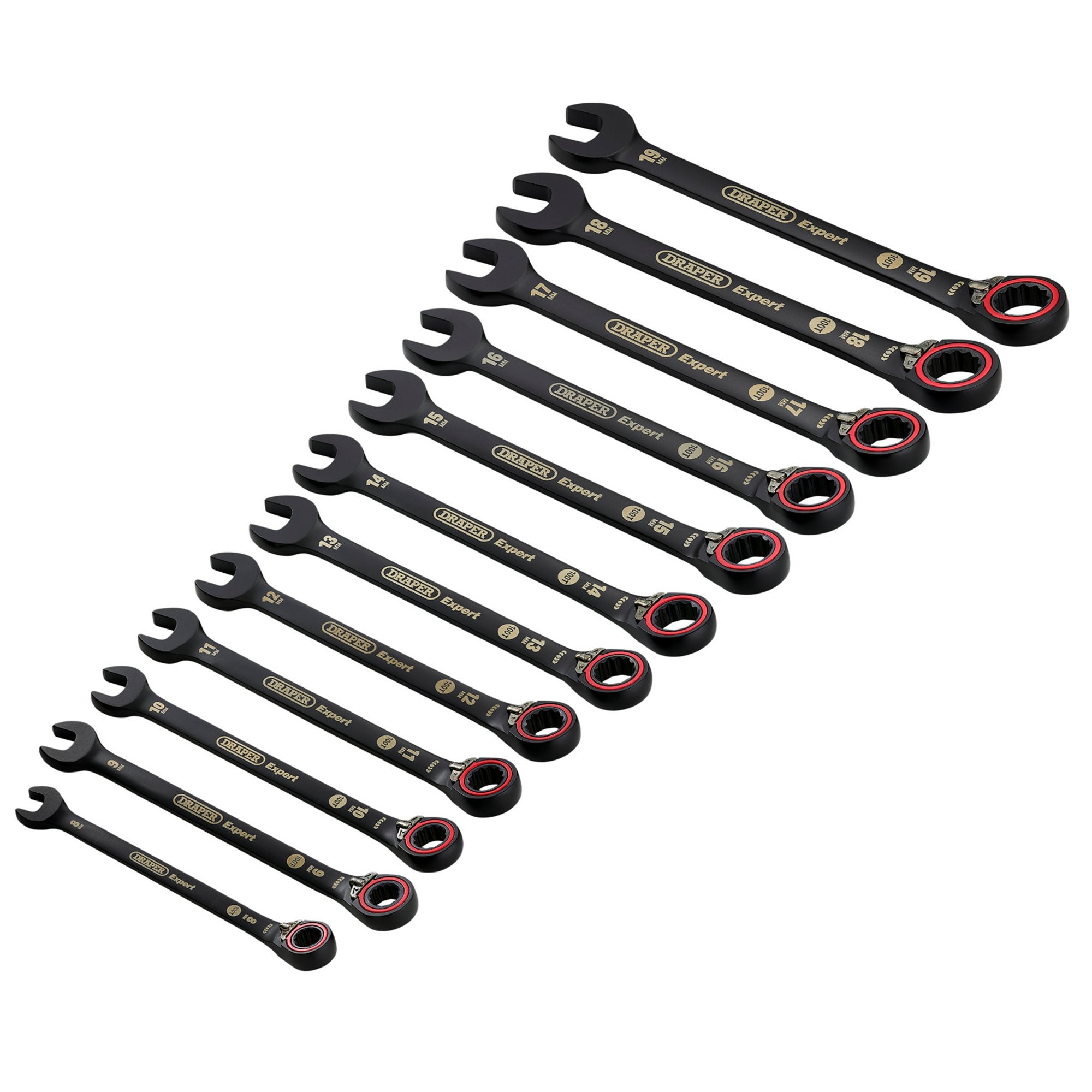 Draper-Expert-HI-TORQ®-Metric-Reversible-Ratchet-Combination-Spanner-Set,-Black-(12-Piece)