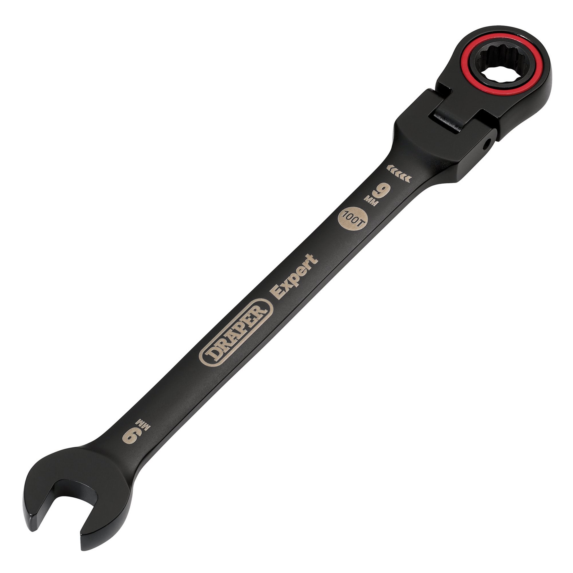 Draper-Expert-HI-TORQ®-Metric-Flexible-Head-Ratchet-Combination-Spanner,-9mm,-Black