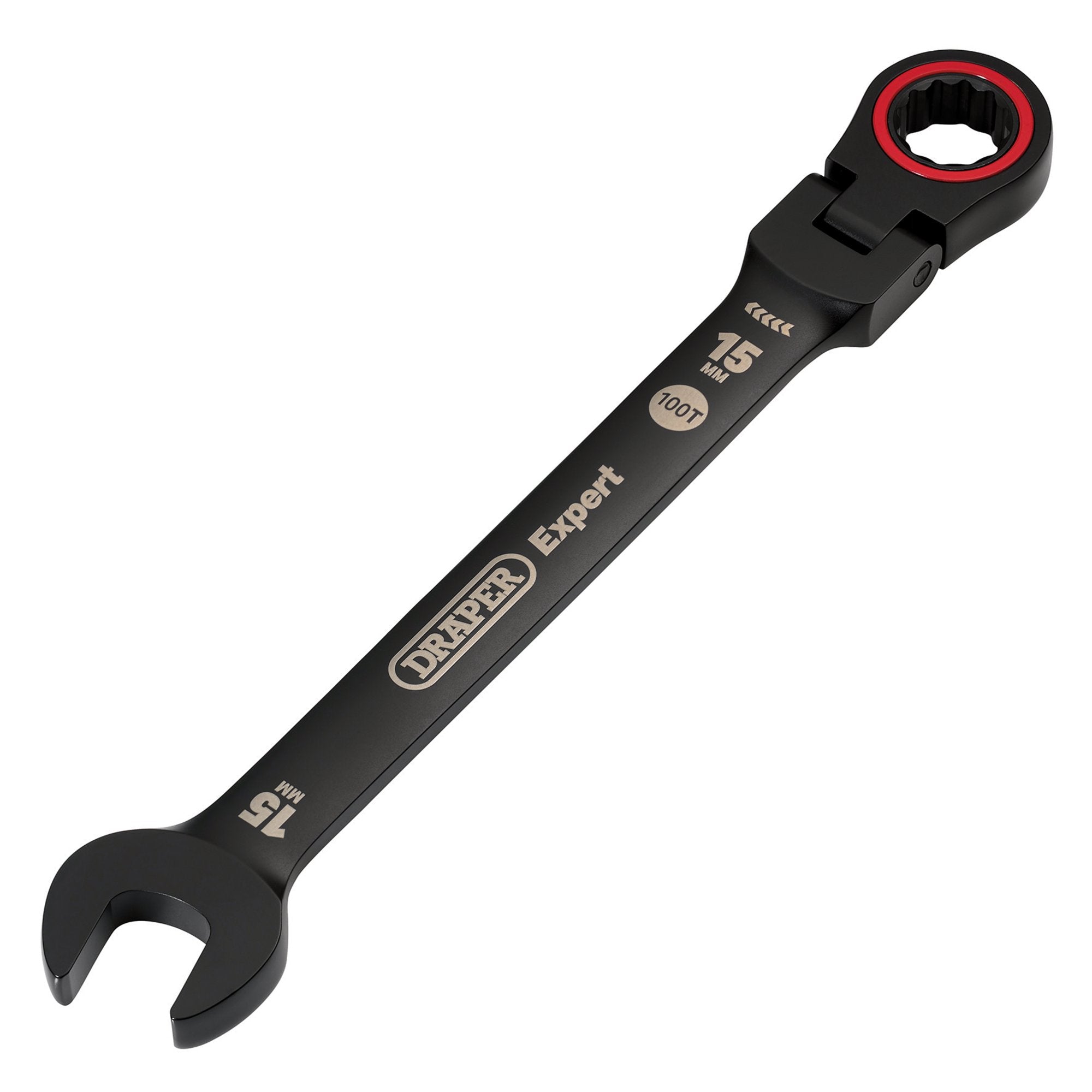 Draper-Expert-HI-TORQ®-Metric-Flexible-Head-Ratchet-Combination-Spanner,-15mm,-Black