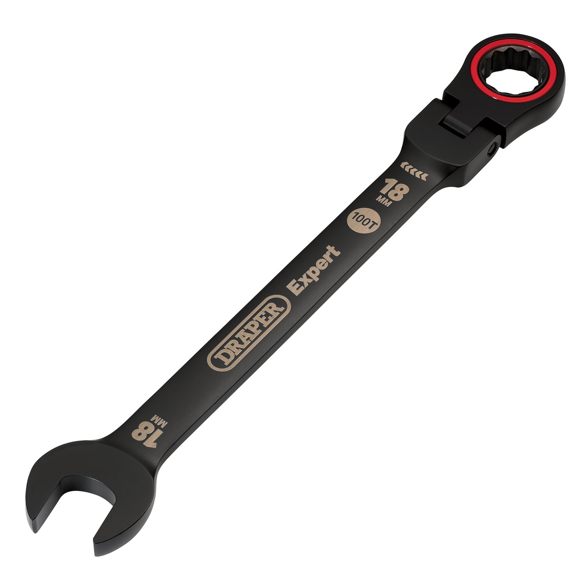 Draper-Expert-HI-TORQ®-Metric-Flexible-Head-Ratchet-Combination-Spanner,-18mm,-Black