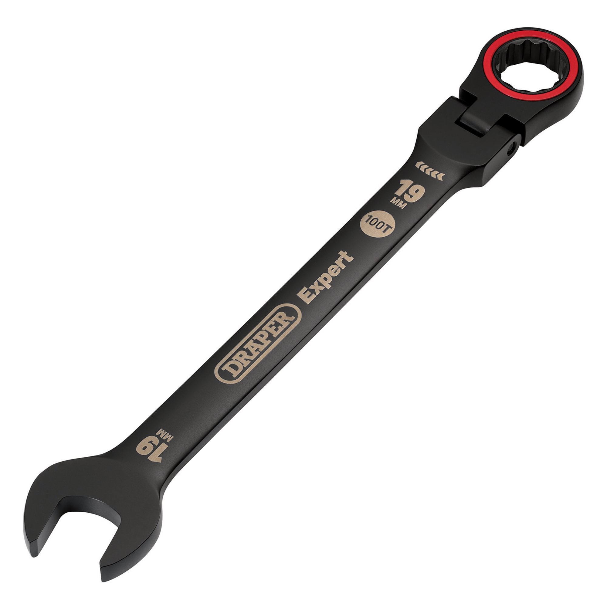 Draper-Expert-HI-TORQ®-Metric-Flexible-Head-Ratchet-Combination-Spanner,-19mm,-Black