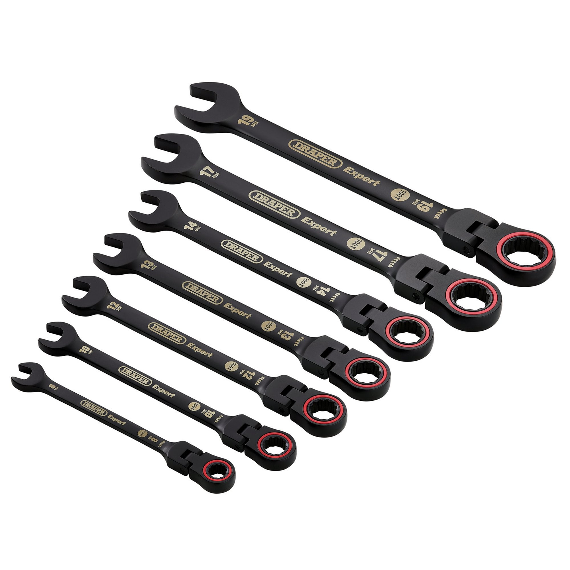 Draper-Expert-HI-TORQ®-Metric-Flexible-Head-Ratchet-Combination-Spanner-Set,-Black-(7-Piece)