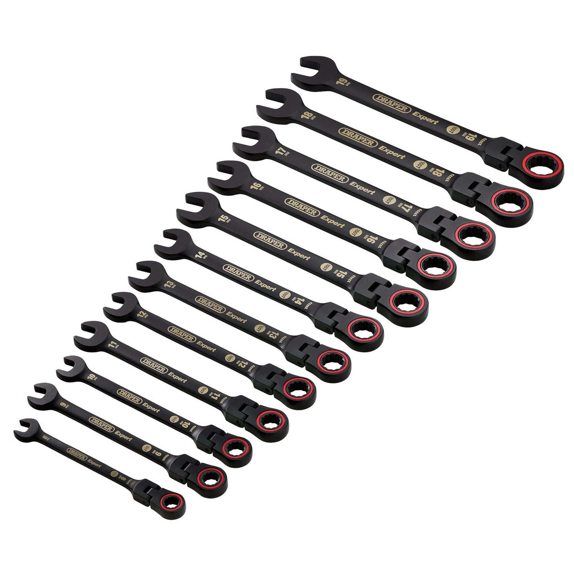 Draper-Expert-HI-TORQ®-Metric-Flexible-Head-Ratchet-Combination-Spanner-Set,-Black-(12-Piece)