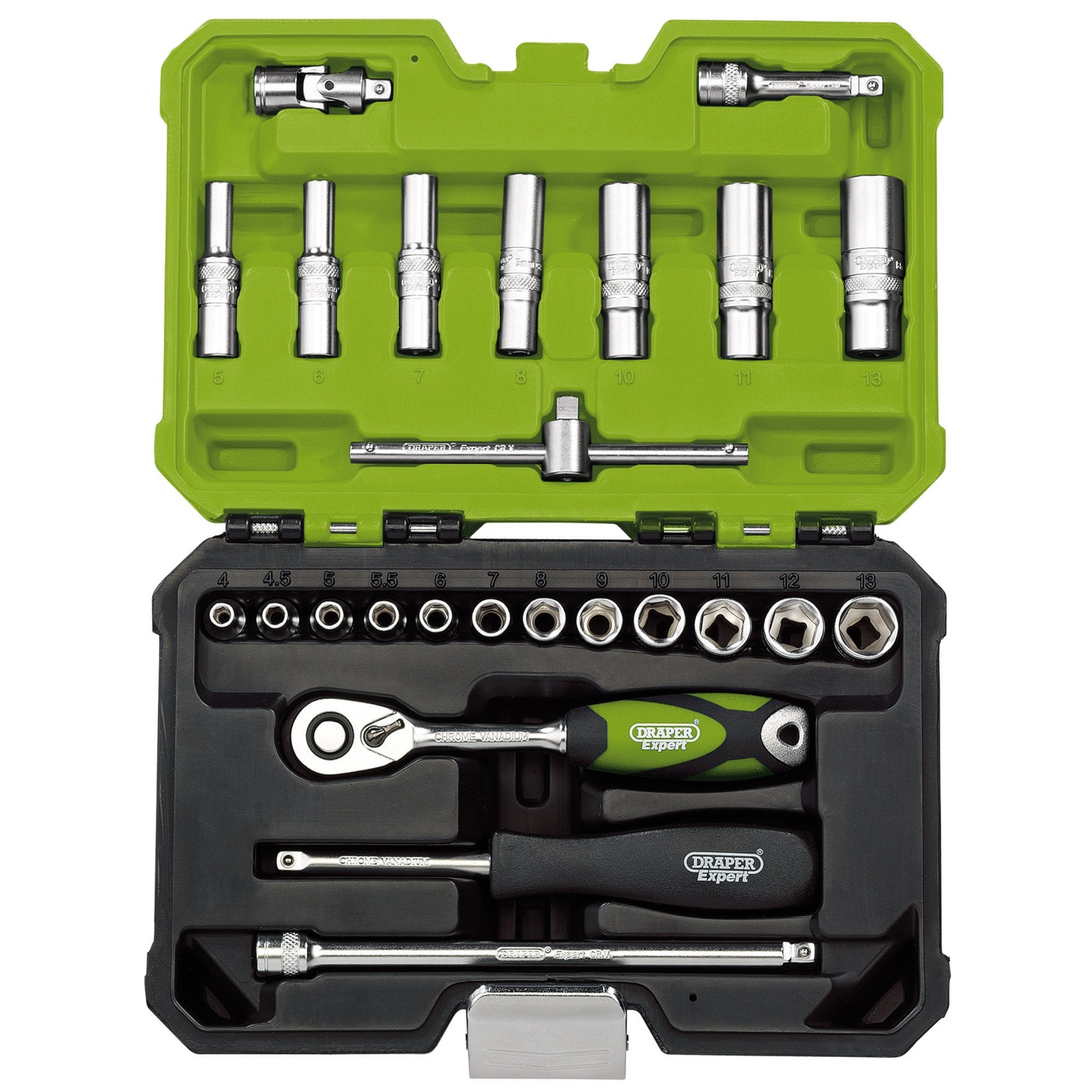 Draper-Expert-Metric-Socket-Set,-1/4"-Sq.-Dr.,-Green-(25-Piece)