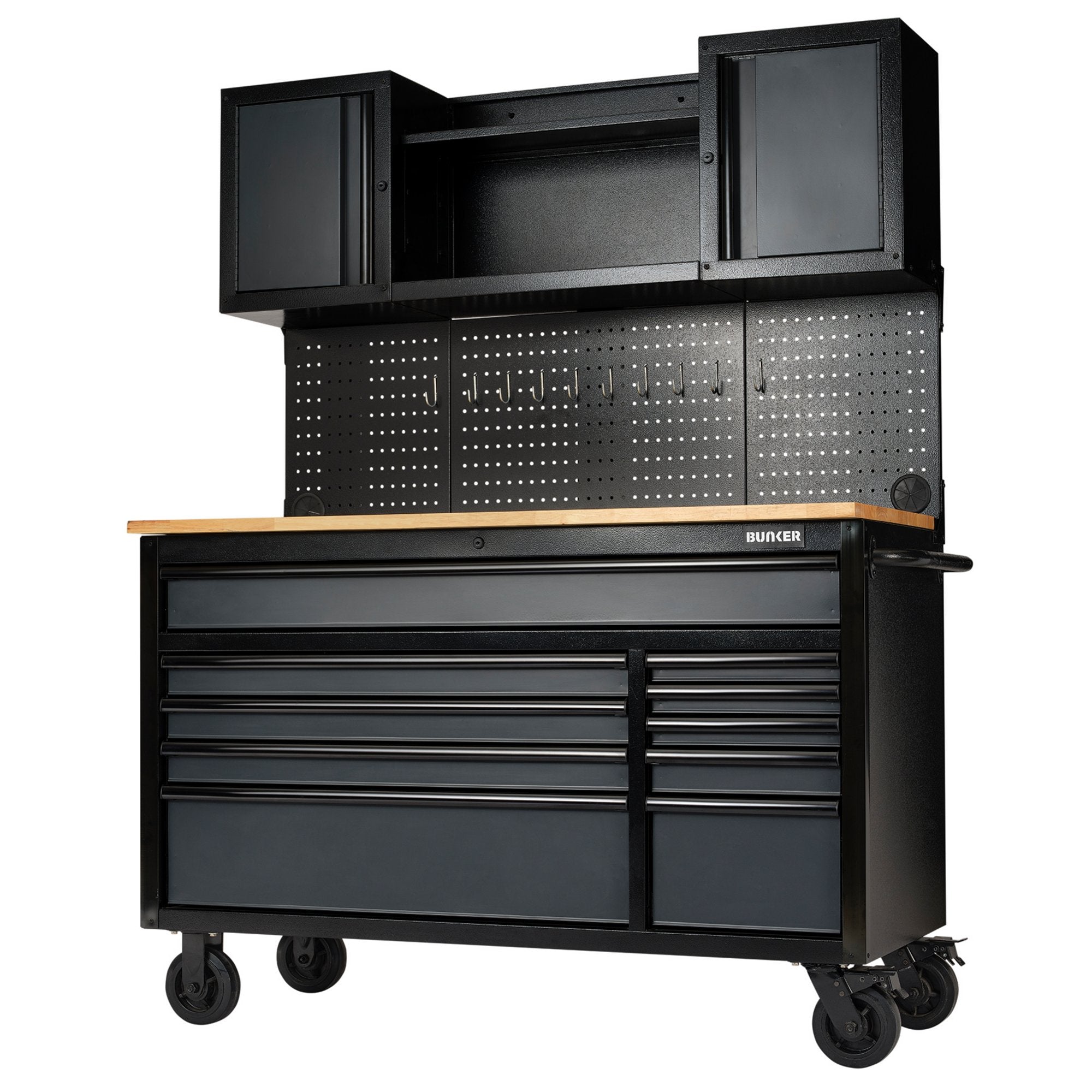 BUNKER®-10-Drawer-Roller-Workstation-with-Workbench,-56",-Grey