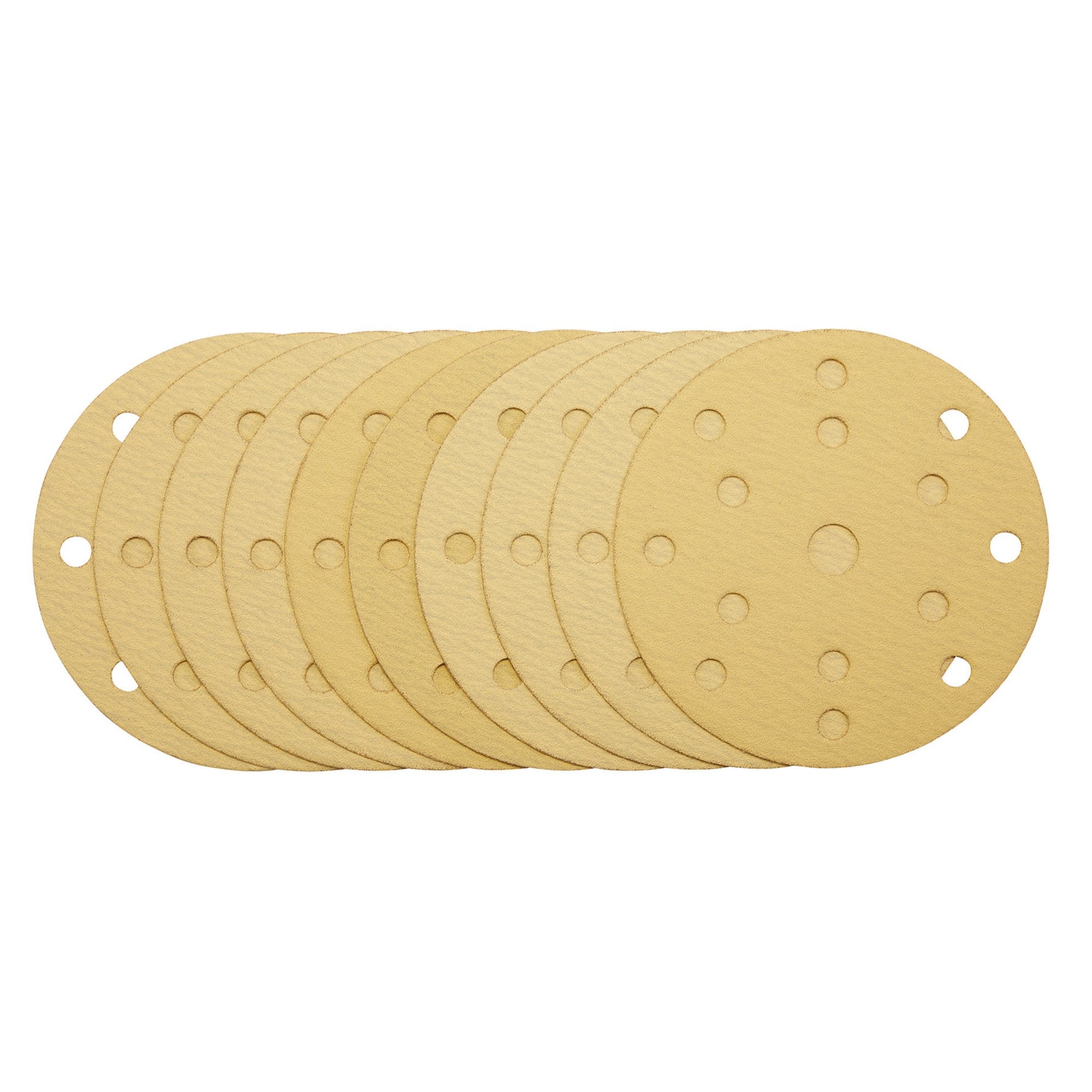 Gold-Sanding-Discs-with-Hook-&-Loop,-150mm,-120-Grit,-15-Dust-Extraction-Holes-(Pack-of-10)