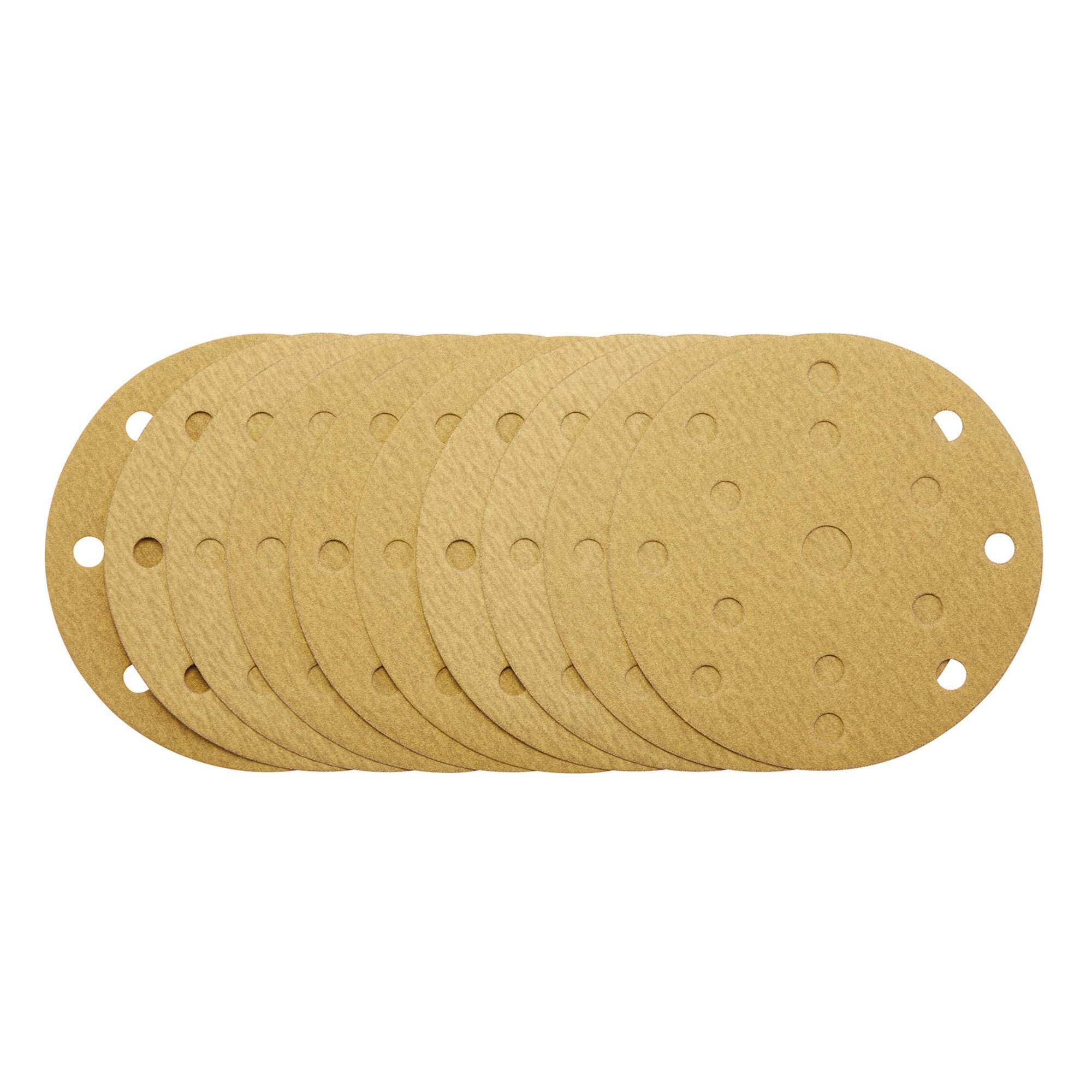 Gold-Sanding-Discs-with-Hook-&-Loop,-150mm,-180-Grit,-15-Dust-Extraction-Holes-(Pack-of-10)
