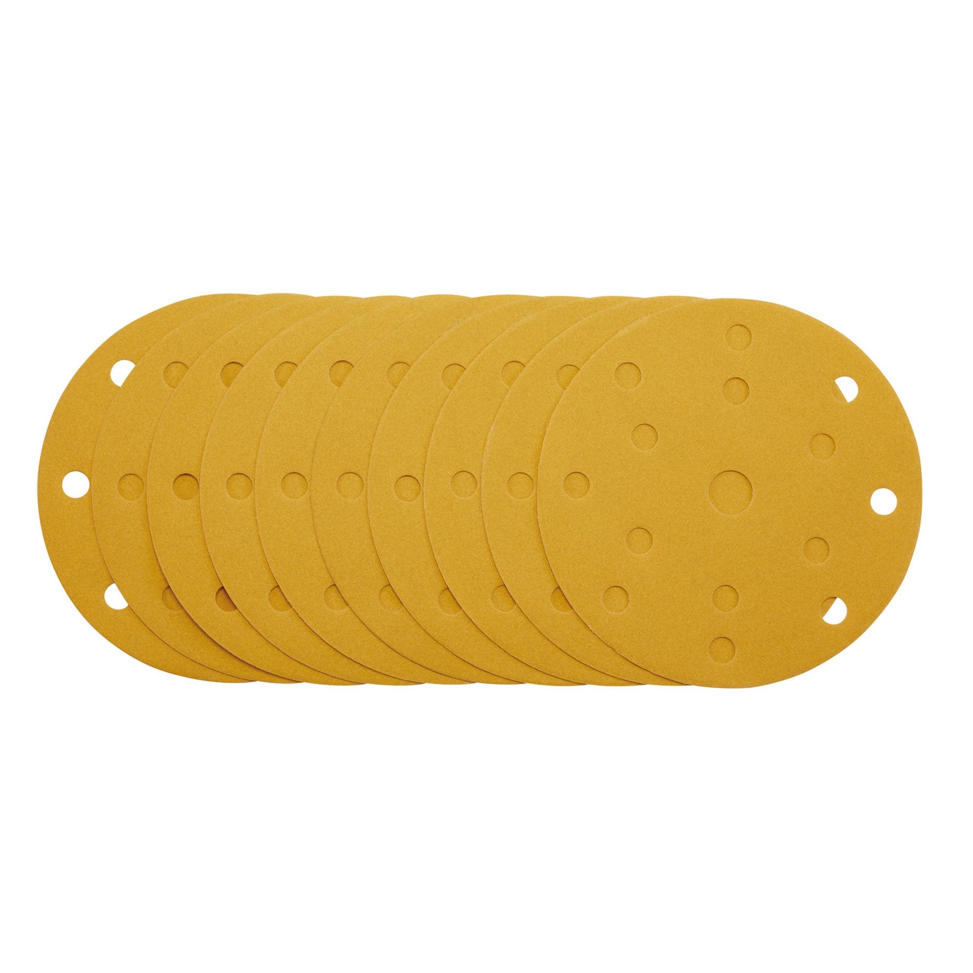 Gold-Sanding-Discs-with-Hook-&-Loop,-150mm,-240-Grit,-15-Dust-Extraction-Holes-(Pack-of-10)
