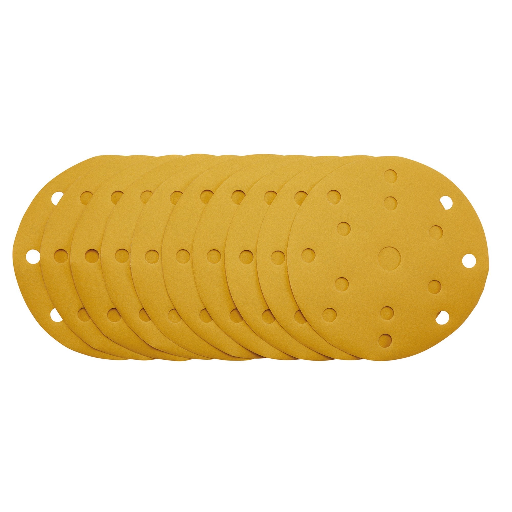 Gold-Sanding-Discs-with-Hook-&-Loop,-150mm,-320-Grit,-15-Dust-Extraction-Holes-(Pack-of-10)