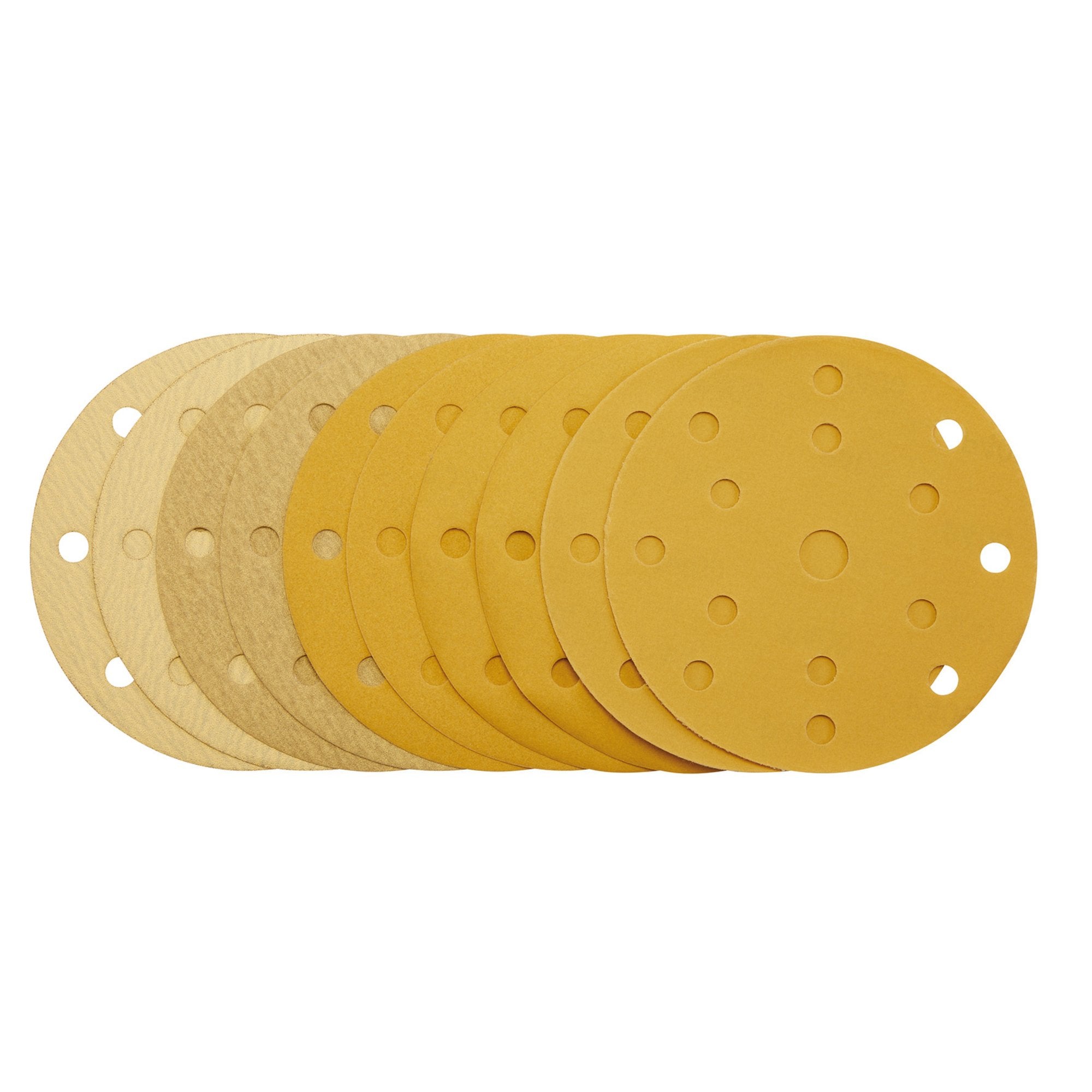 Gold-Sanding-Discs-with-Hook-&-Loop,-150mm,-Assorted-Grit---120G,-180G,-240G,-320G,-400G,-15-Dust-Extraction-Holes-(Pack-of-10)