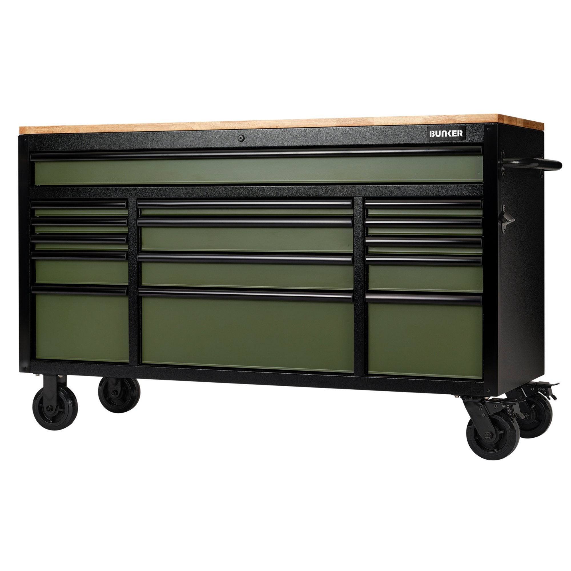BUNKER®-15-Drawer-Workbench-Roller-Tool-Cabinet,-61",-Green