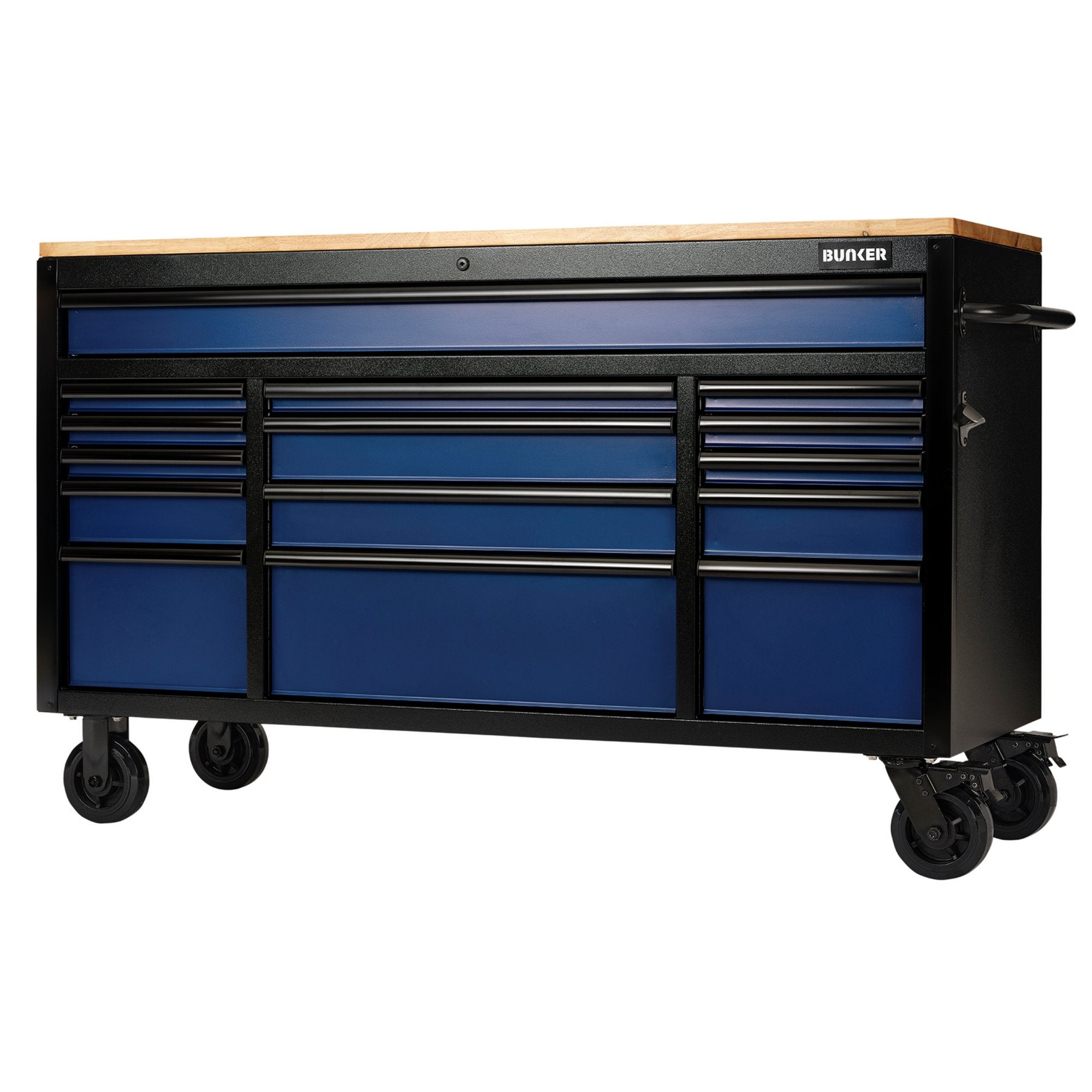 BUNKER®-15-Drawer-Workbench-Roller-Tool-Cabinet,-61",-Blue