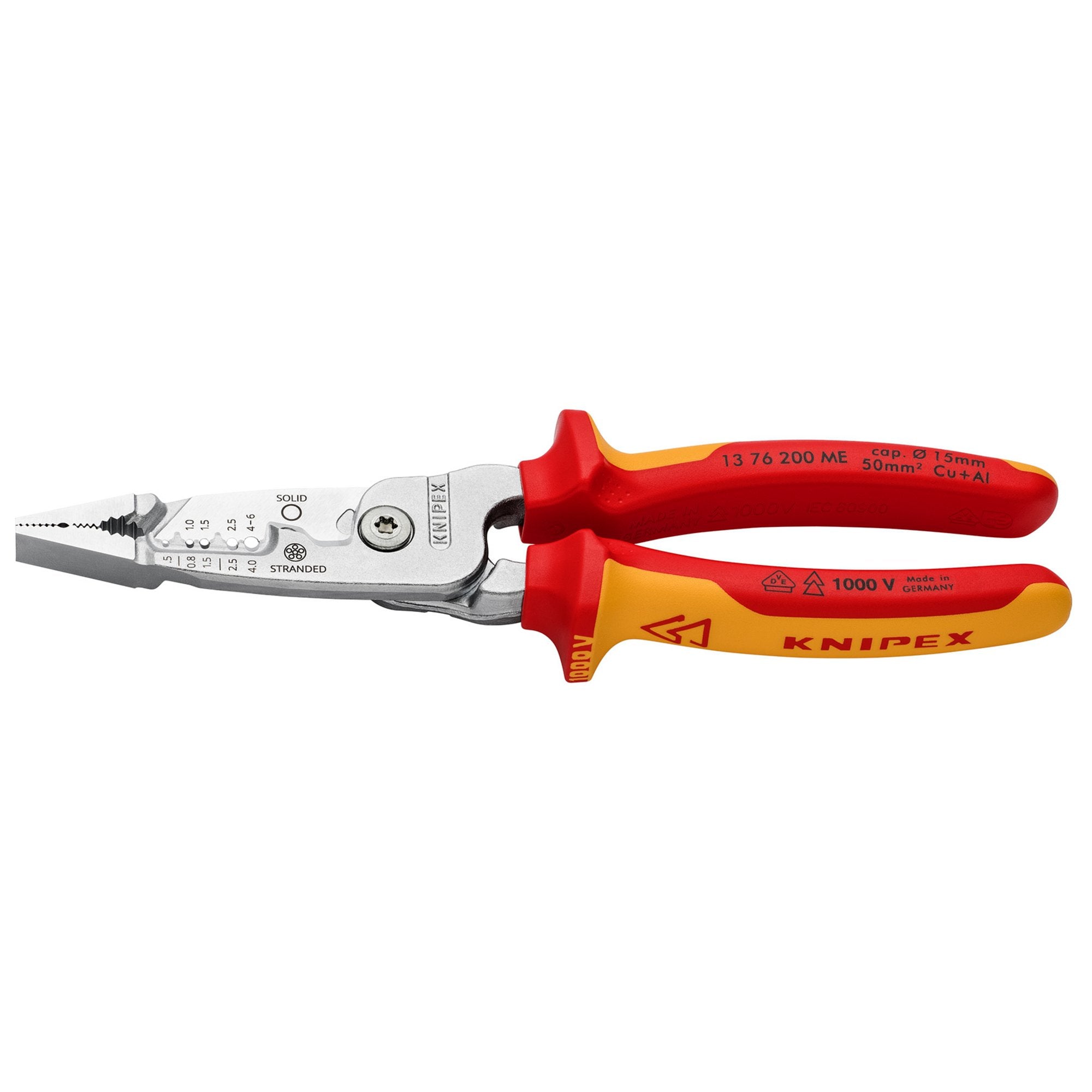 KNIPEX-13-76-200-ME-VDE-Wire-Stripper-with-Multi-Component-Grips,-200mm