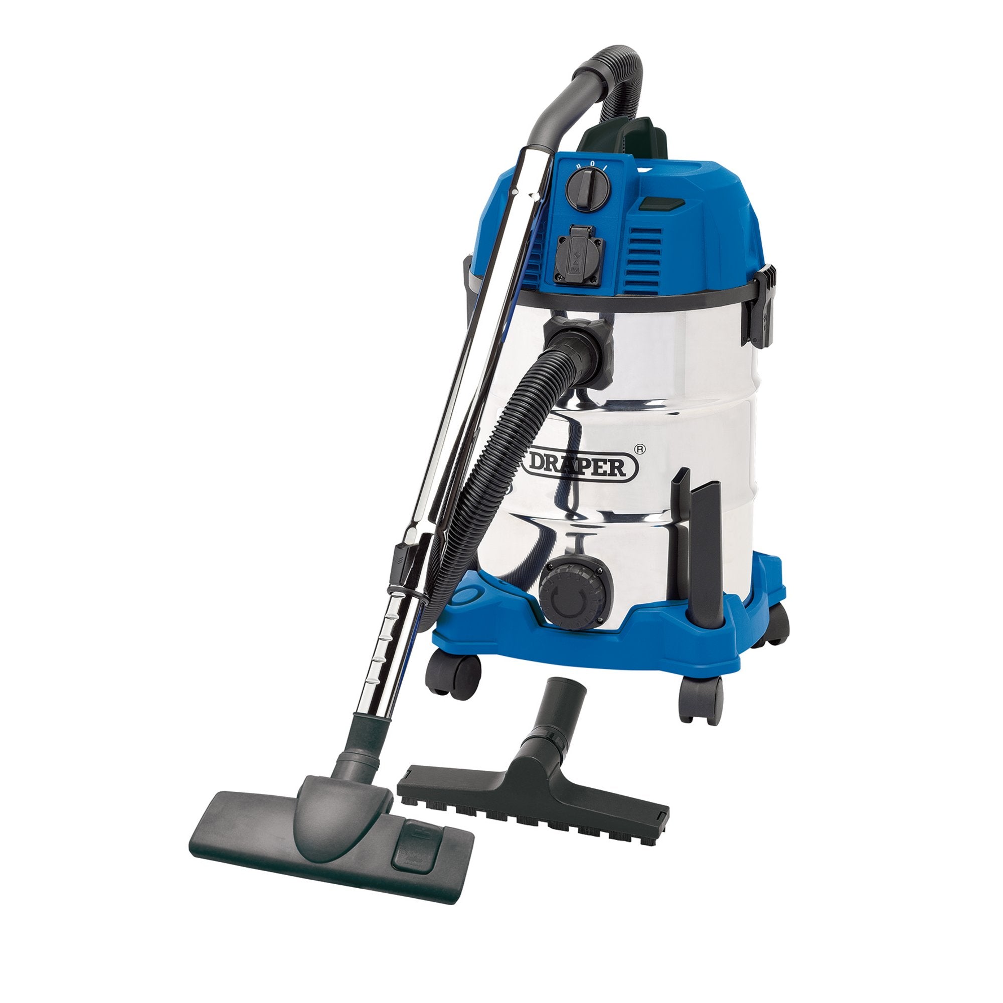 230V-Wet-and-Dry-Vacuum-Cleaner-with-Stainless-Steel-Tank-and-Integrated-Power-Out-Take-Socket,-30L,-1300W