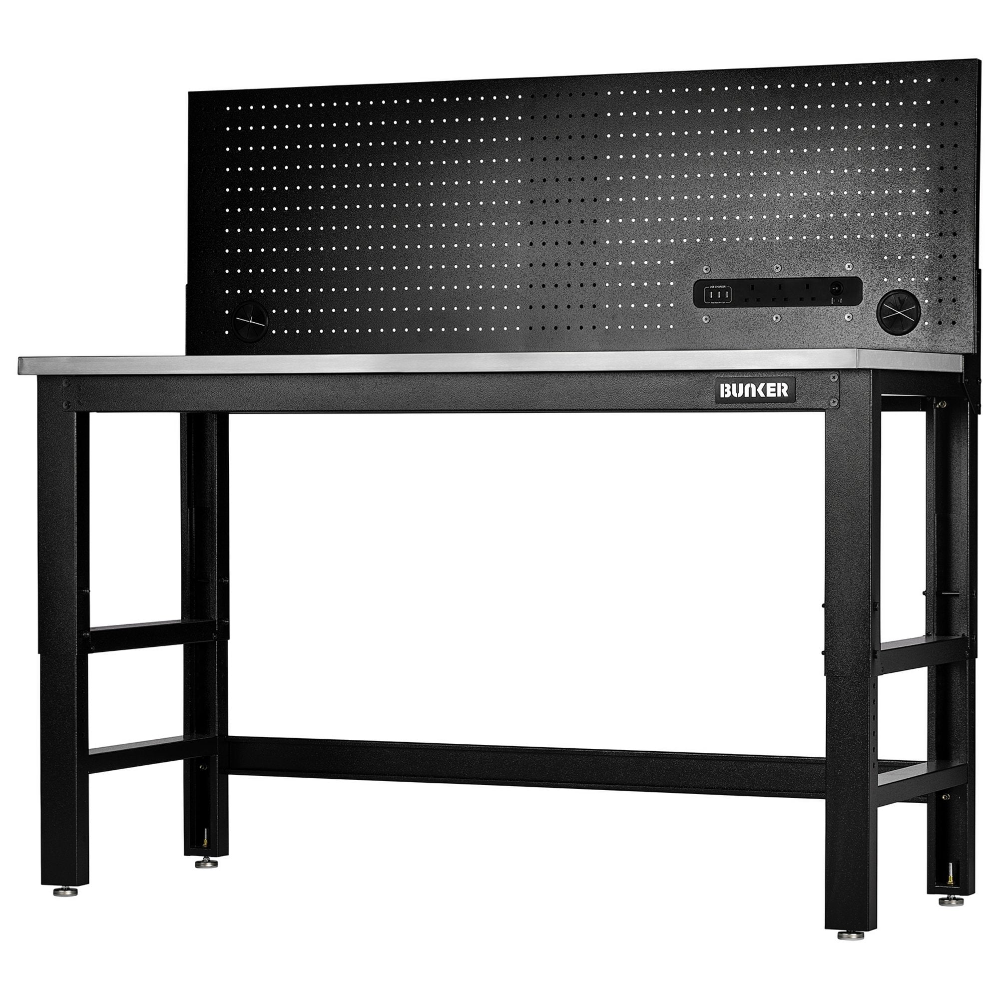 BUNKER®-Workbench-with-Stainless-Steel-Worktop-and-Power-Pegboard,-1550mm