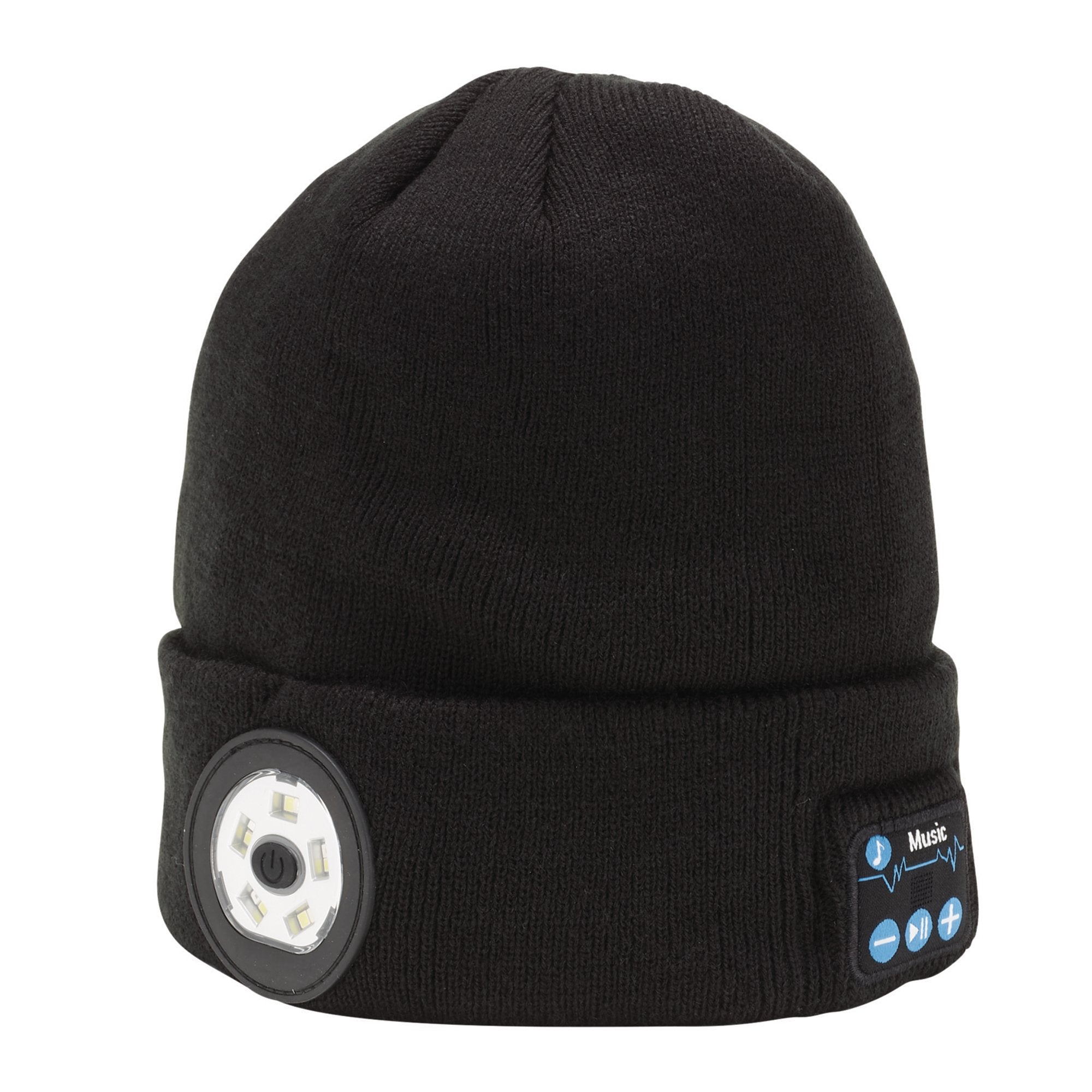 Smart-Wireless-Rechargeable-Beanie-with-LED-Head-Torch-and-USB-Charging-Cable,-Black,-One-Size
