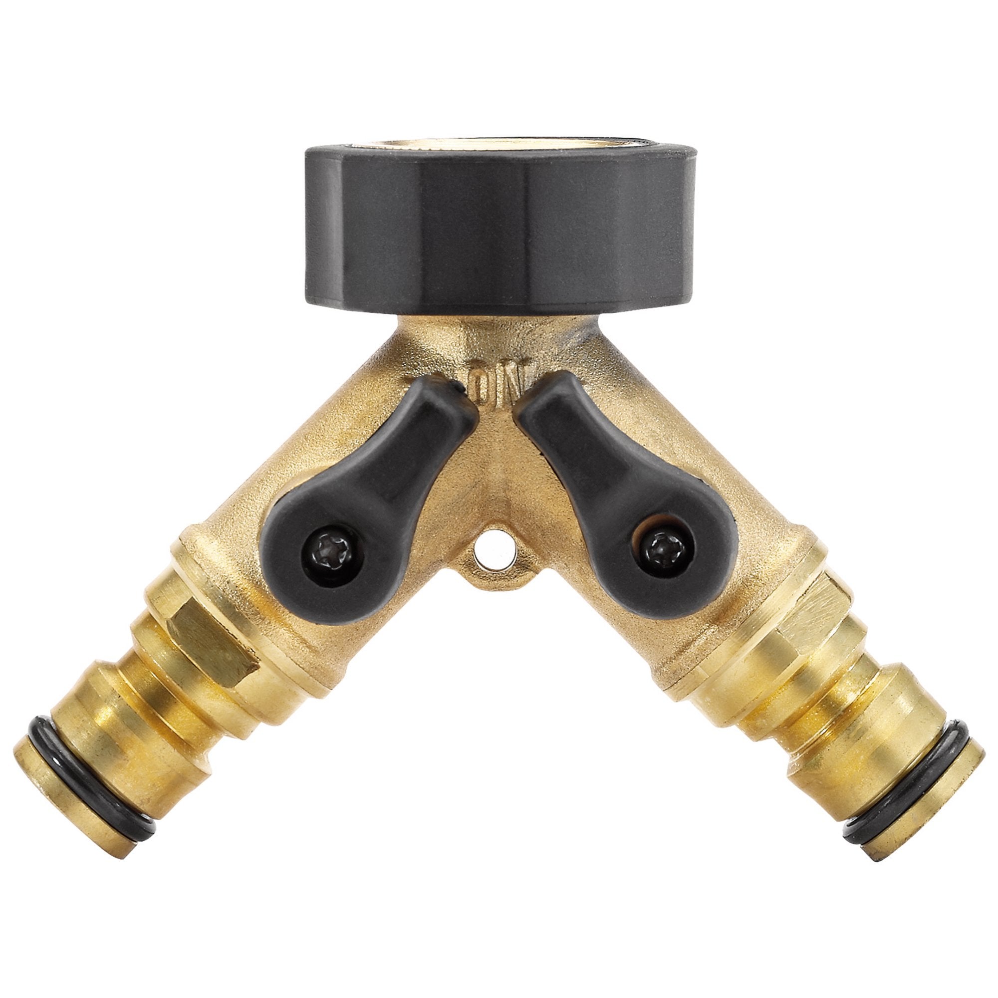 Brass-Double-Tap-Connector-with-Flow-Control,-3/4"