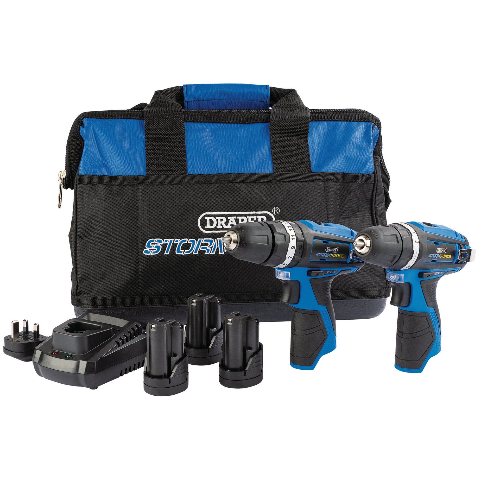 Draper-Storm-Force®-10.8V-Power-Interchange-Combi-Drill-and-Rotary-Drill-Twin-Kit,-3-x-1.5Ah-Batteries,-1-x-Charger,-1-x-Bag