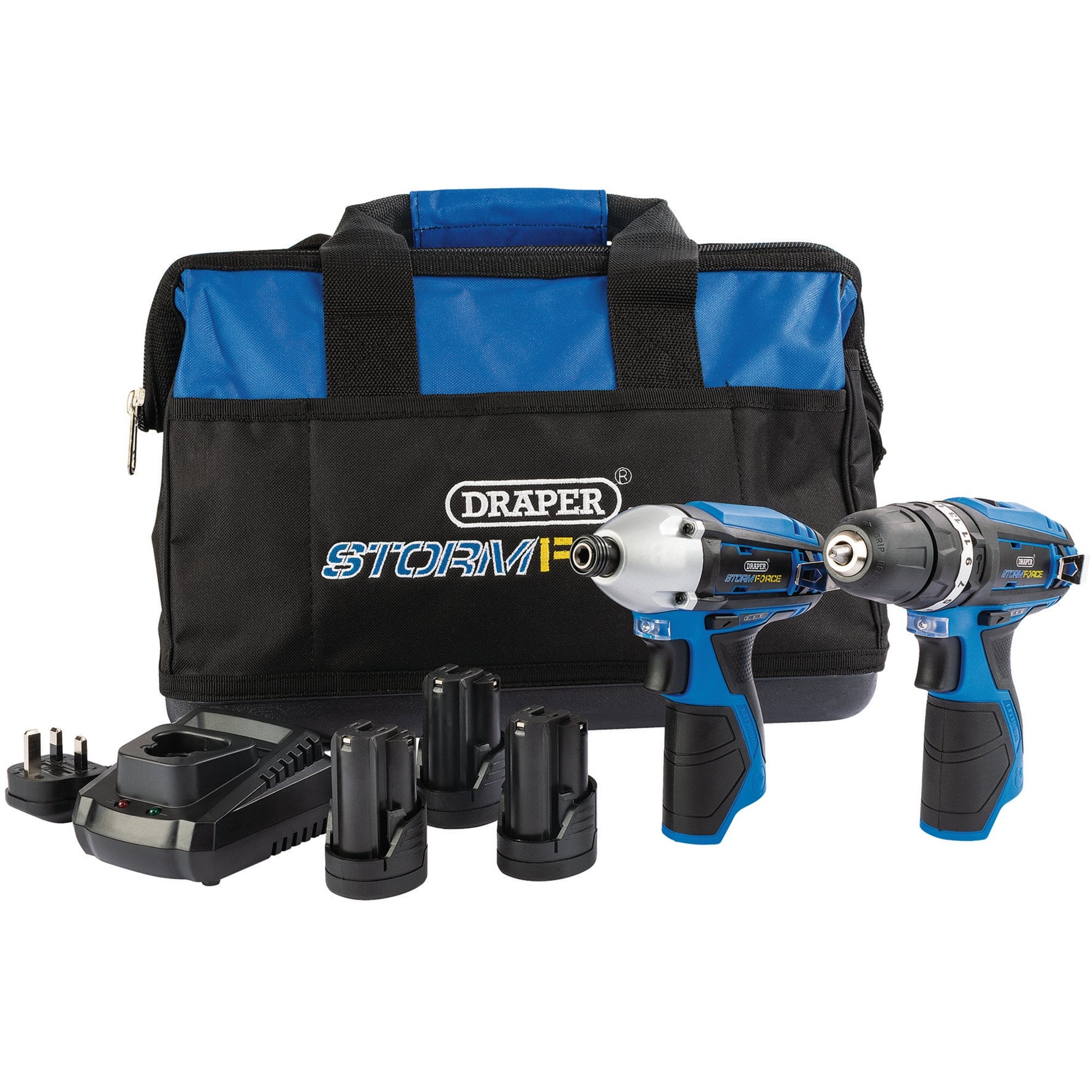 Draper-Storm-Force®-10.8V-Power-Interchange-Drill-and-Driver-Twin-Kit,-3-x-1.5Ah-Batteries,-1-x-Charger,-1-x-Bag
