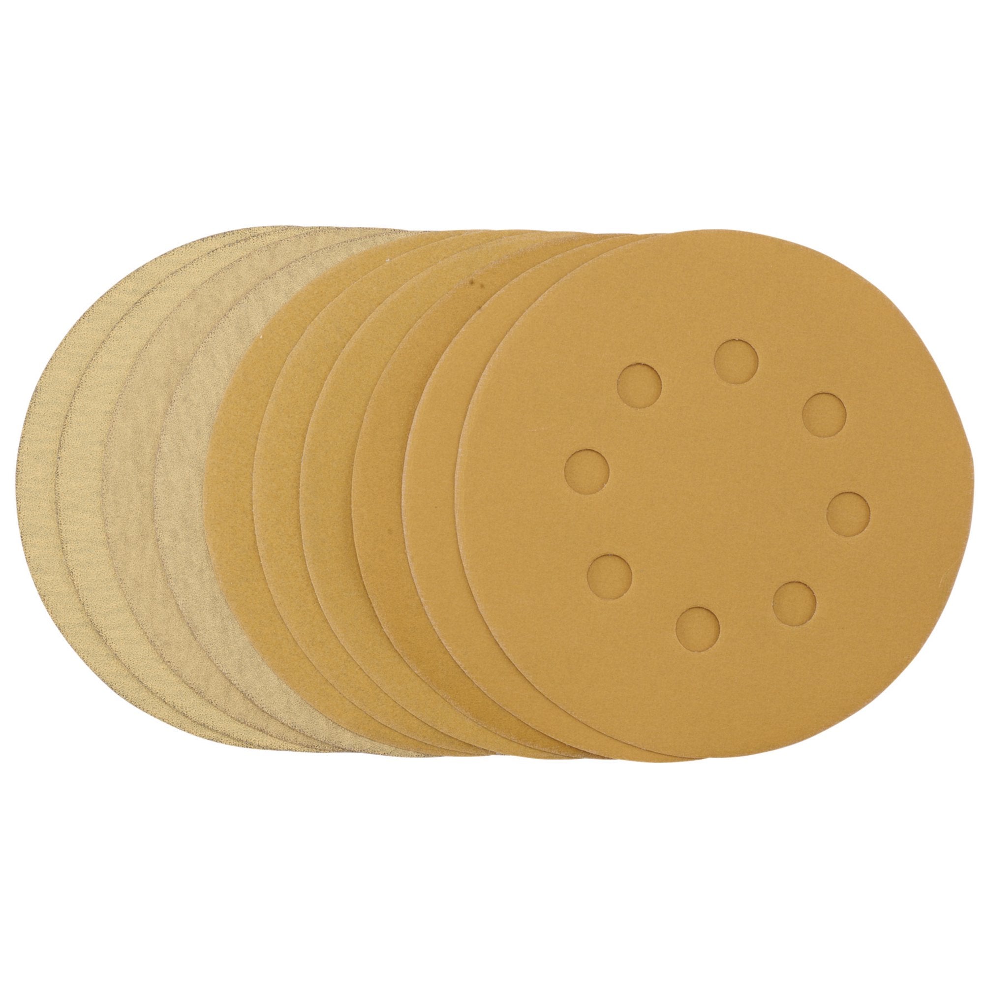 Gold-Sanding-Discs-with-Hook-&-Loop,-125mm,-Assorted-Grit---120G,-180G,-240G,-320G,-400G,-8-Dust-Extraction-Holes-(Pack-of-10)