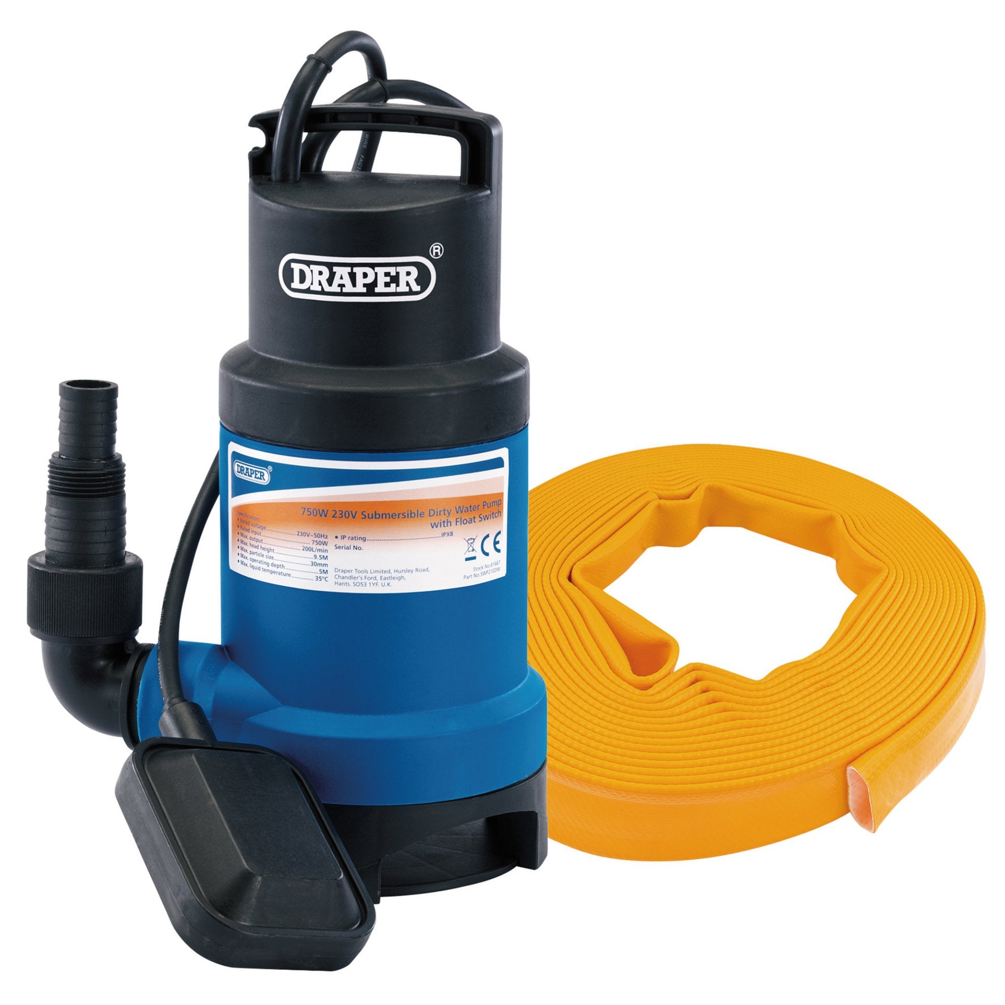 Submersible-Dirty-Water-Pump-Kit-with-Layflat-Hose-&-Adaptor,-200L/Min,-10m-x-25mm,-350W