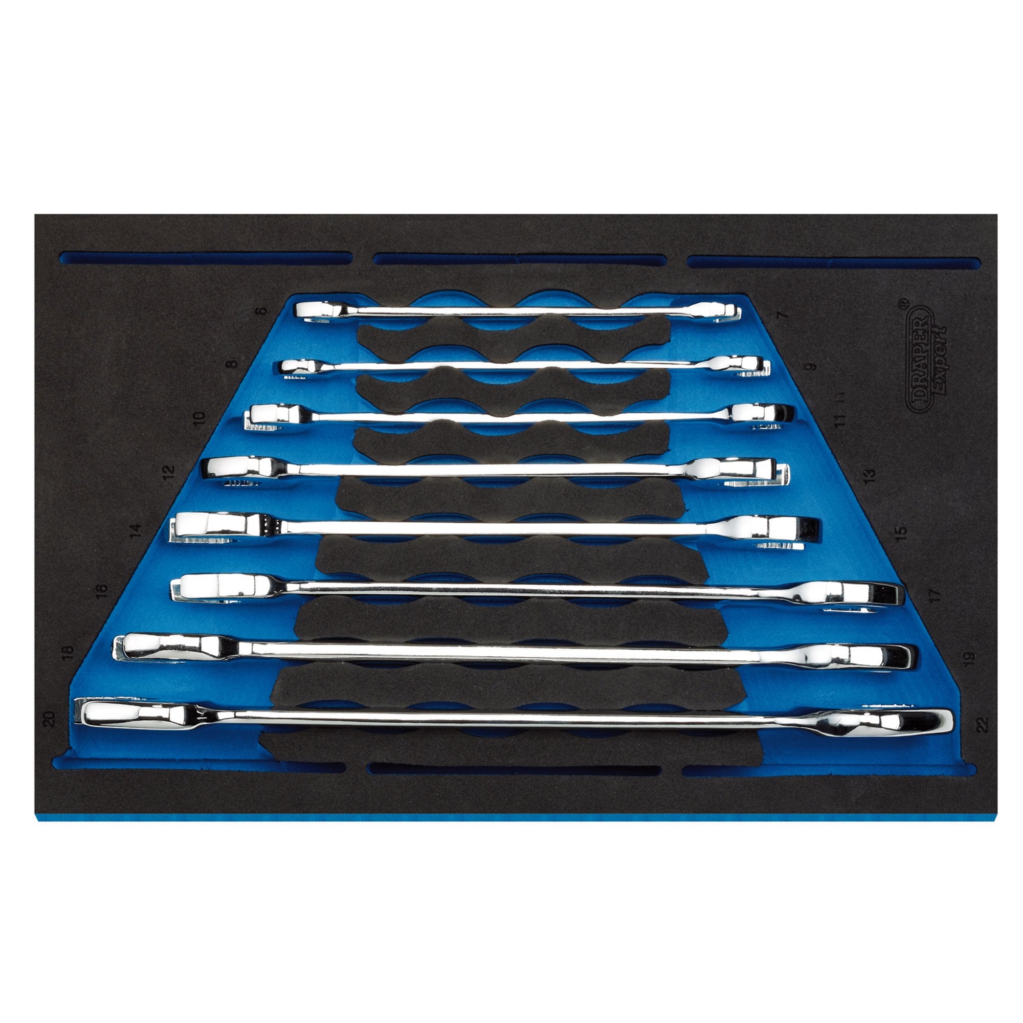 Draper-Expert-Open-Ended-Spanner-Set-in-1/4"-Drawer-EVA-Insert-Tray-(8-Piece)