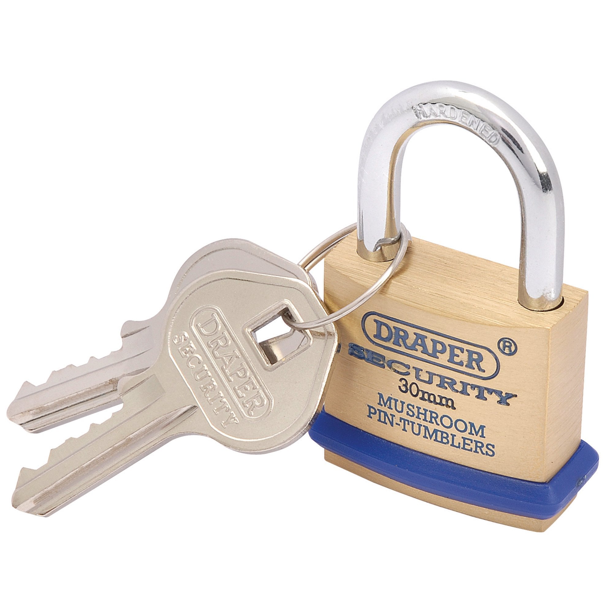 Solid-Brass-Padlock-and-2-Keys-with-Mushroom-Pin-Tumblers-Hardened-Steel-Shackle-and-Bumper,-30mm
