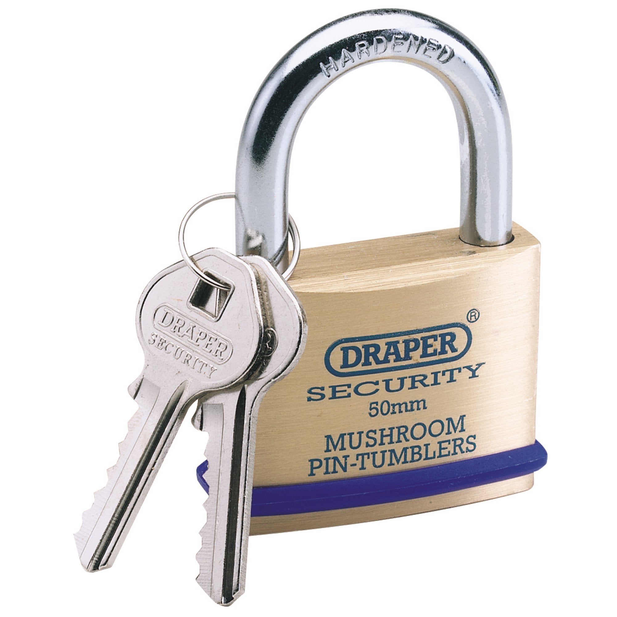 Solid-Brass-Padlock-and-2-Keys-with-Mushroom-Pin-Tumblers-Hardened-Steel-Shackle-and-Bumper,-50mm