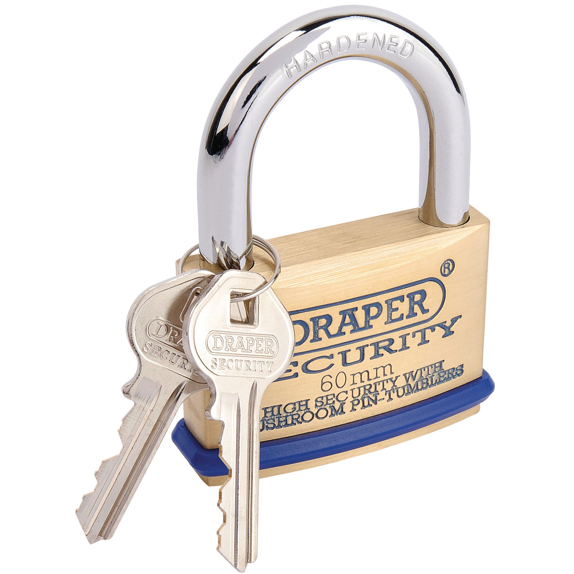 Solid-Brass-Padlock-and-2-Keys-with-Mushroom-Pin-Tumblers-Hardened-Steel-Shackle-and-Bumper,-60mm