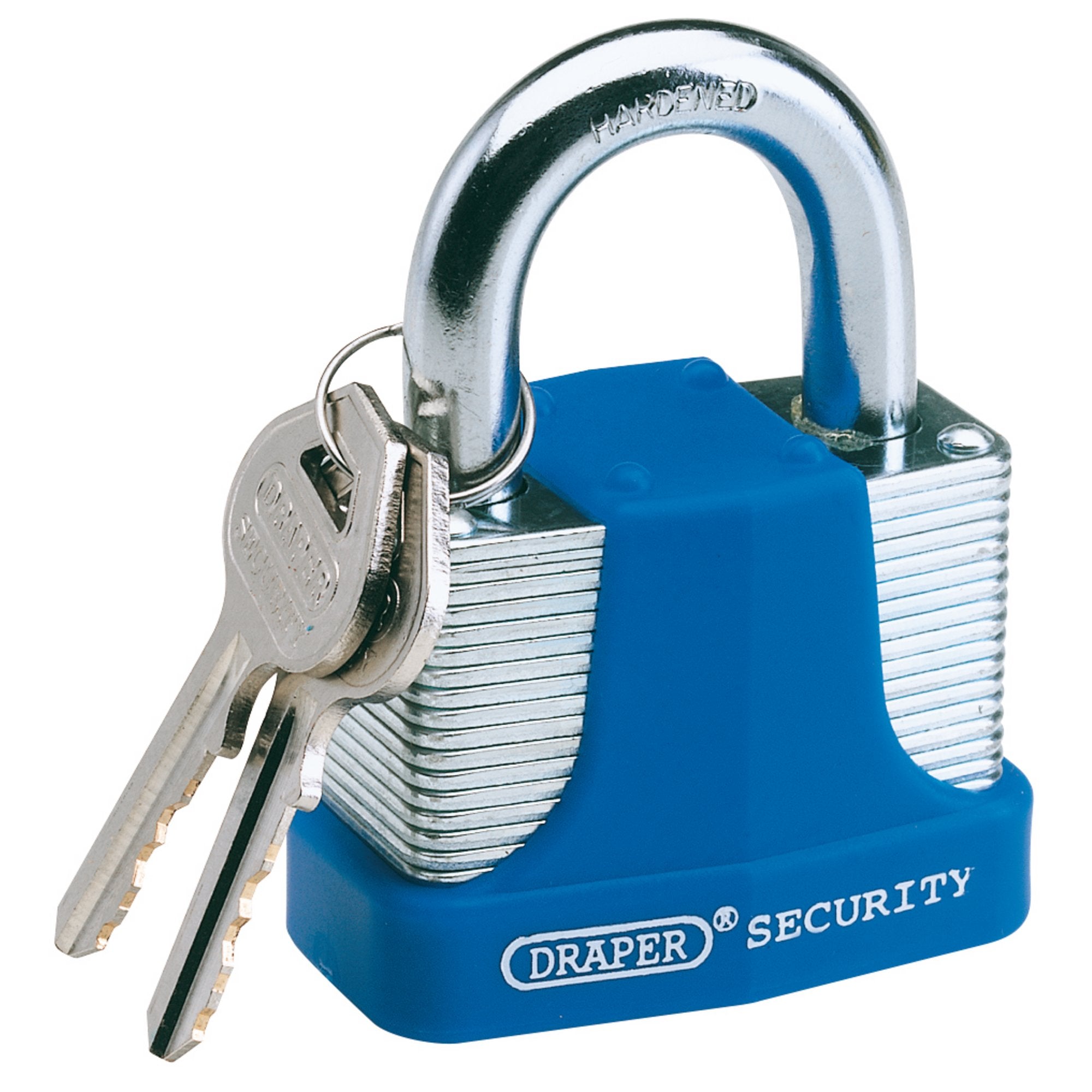 Laminated-Steel-Padlock-and-2-Keys-with-Hardened-Steel-Shackle-and-Bumper,-65mm