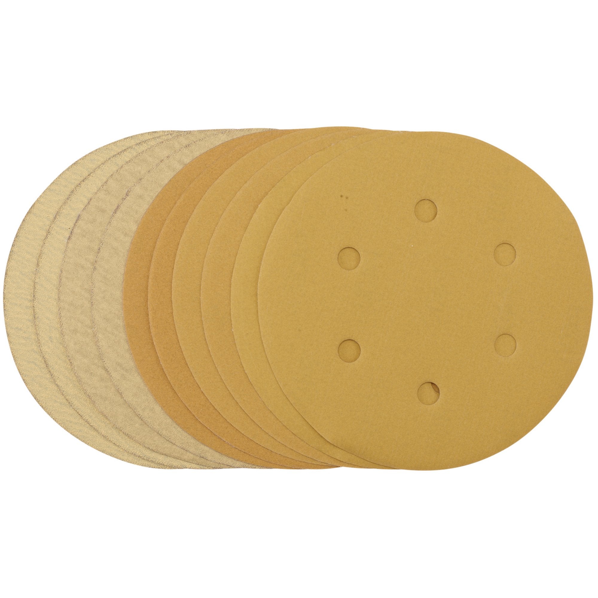 Gold-Sanding-Discs-with-Hook-&-Loop,-150mm,-Assorted-Grit---120G,-180G,-240G,-320G,-400G,-6-Dust-Extraction-Holes-(Pack-of-10)