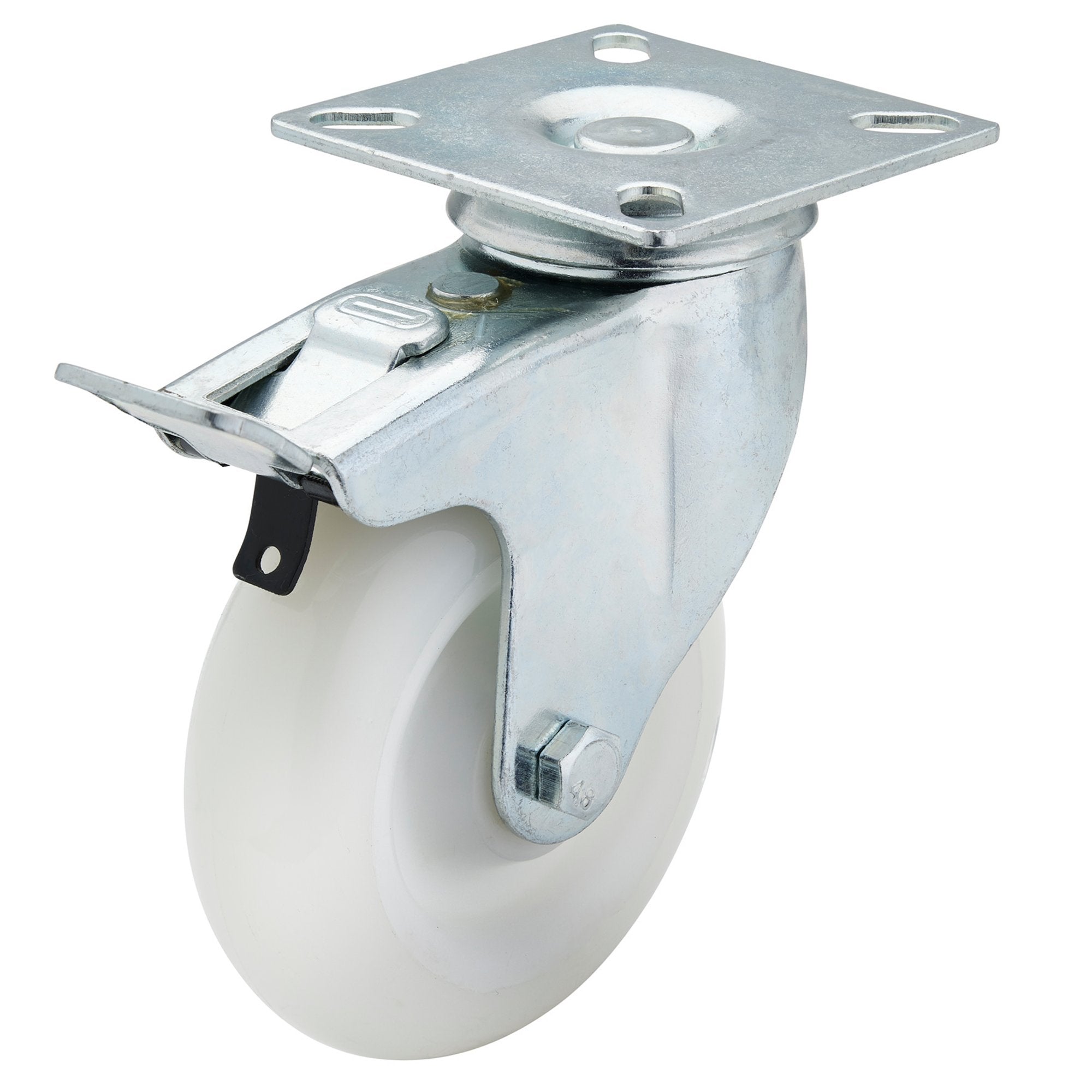 Swivel-Plate-Fixing-Nylon-Wheel-with-Brake,-100mm-Diameter,-S.W.L.-125kg