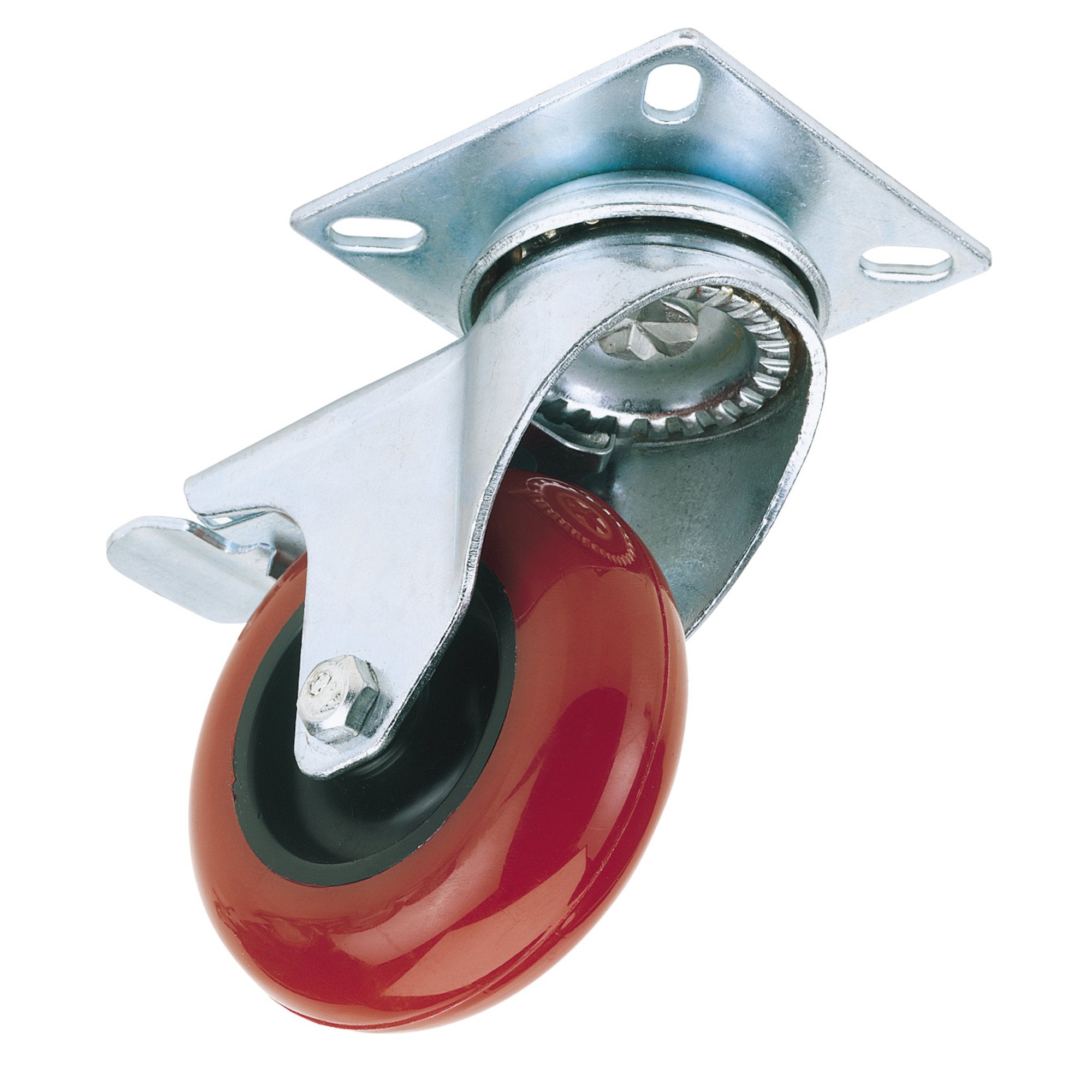 Swivel-Plate-Fixing-Polyurethane-Wheel-with-Brake,-75mm-Diameter,-S.W.L.-70kg