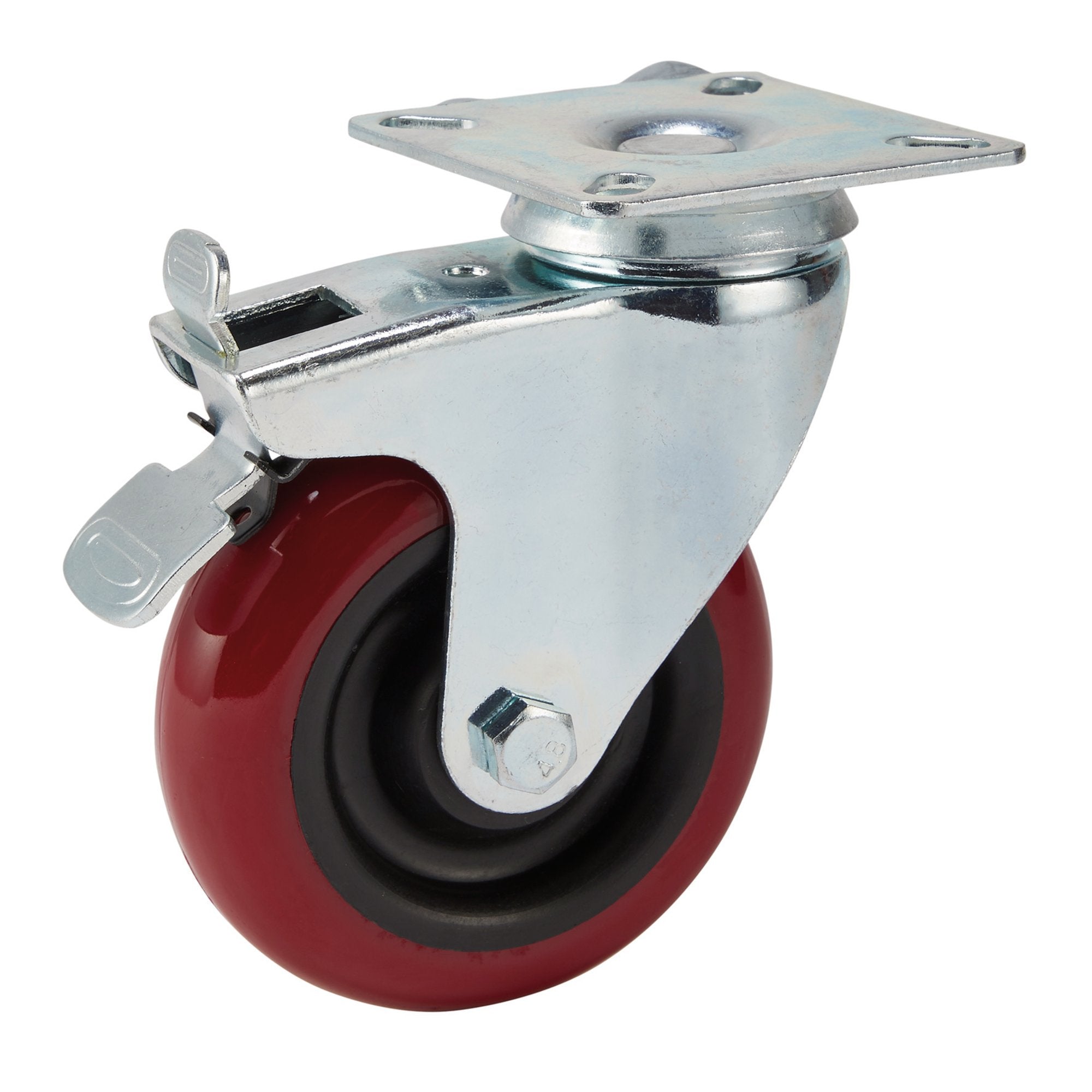Swivel-Plate-Fixing-Polyurethane-Wheel-with-Brake,-100mm-Diameter,-S.W.L.-125kg