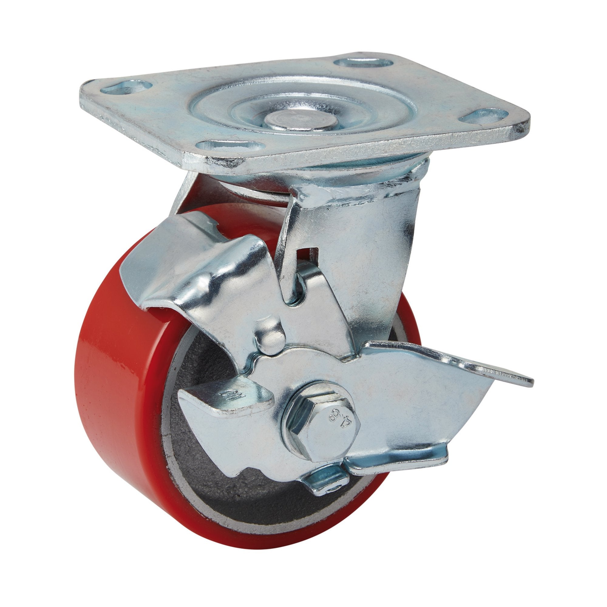 Swivel-Plate-Fixing-Heavy-Duty-Polyurethane-Wheel-with-Brake,-100mm-Diameter,-S.W.L.-250kg