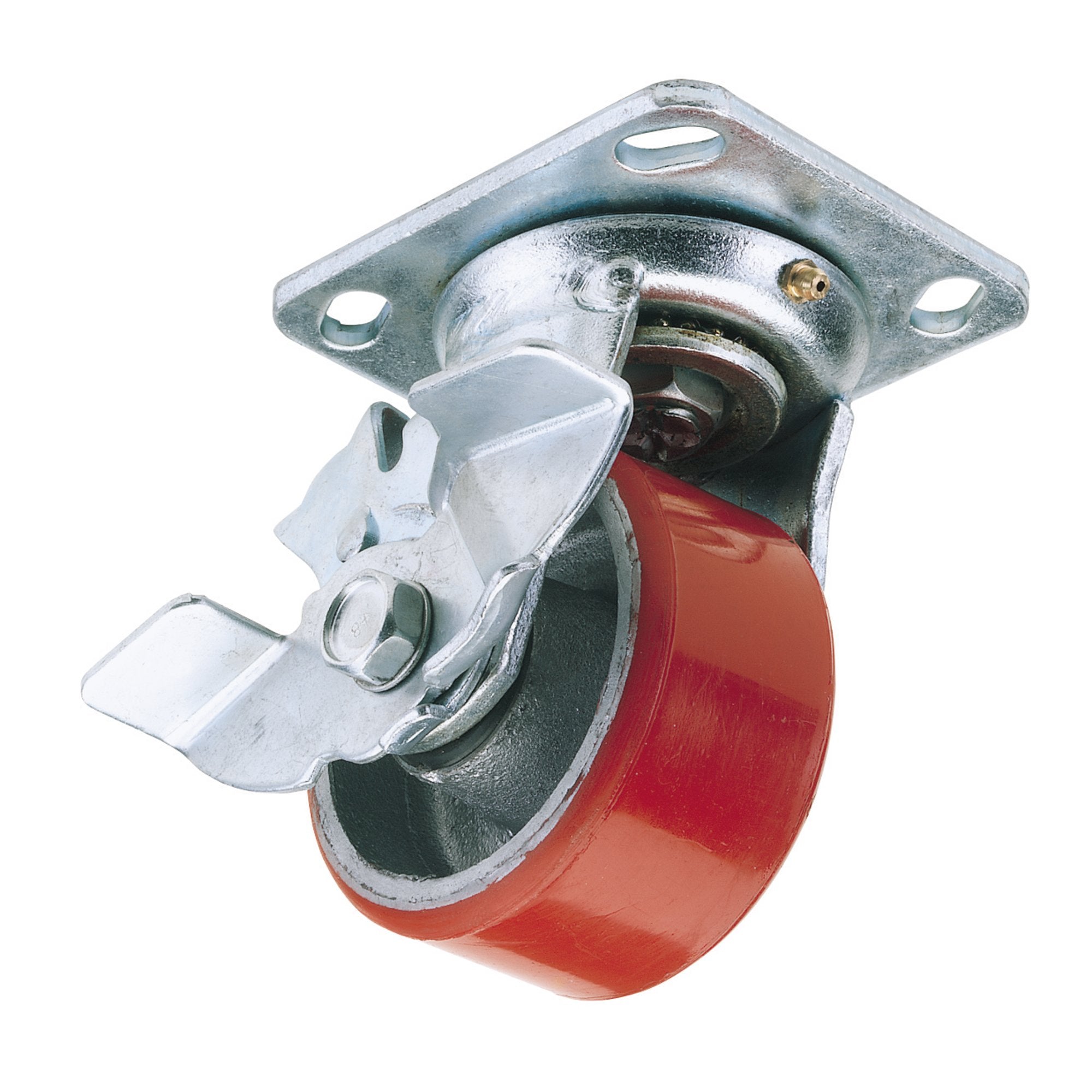 Swivel-Plate-Fixing-Heavy-Duty-Polyurethane-Wheel-with-Brake,-125mm-Diameter,-S.W.L.-300kg