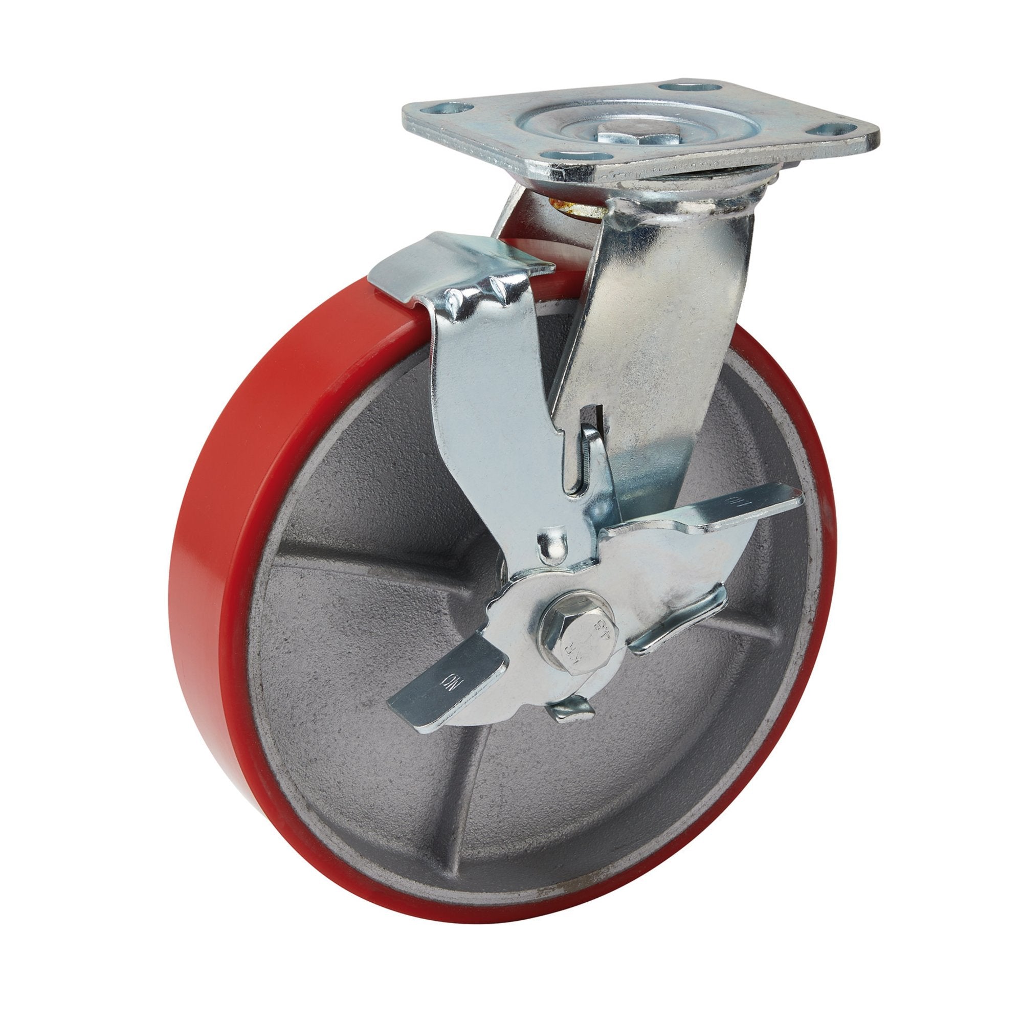 Swivel-Plate-Fixing-Heavy-Duty-Polyurethane-Wheel-with-Brake,-200mm-Diameter,-S.W.L.-500kg