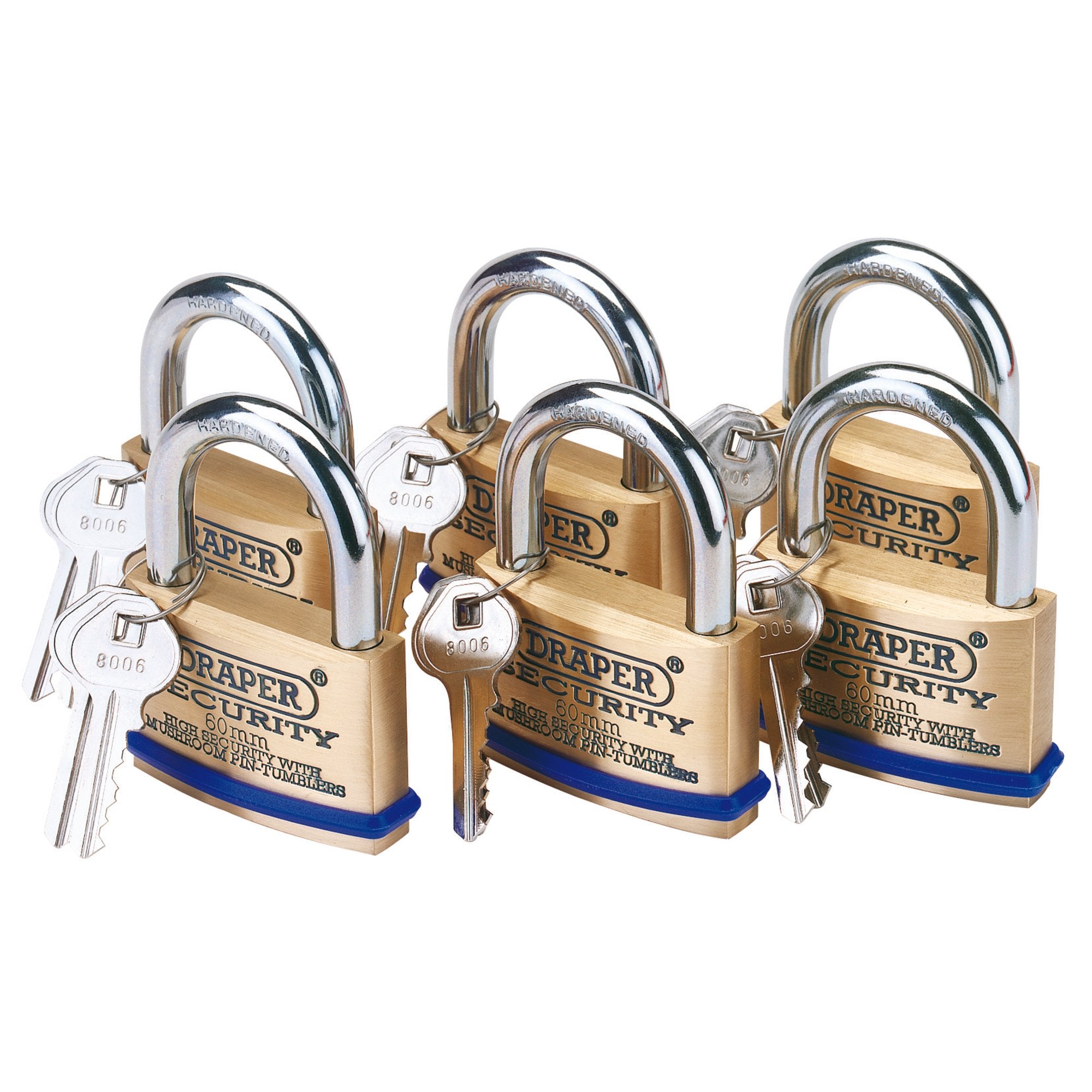 Solid-Brass-Padlocks-with-Hardened-Steel-Shackle,-60mm-(Pack-of-6)