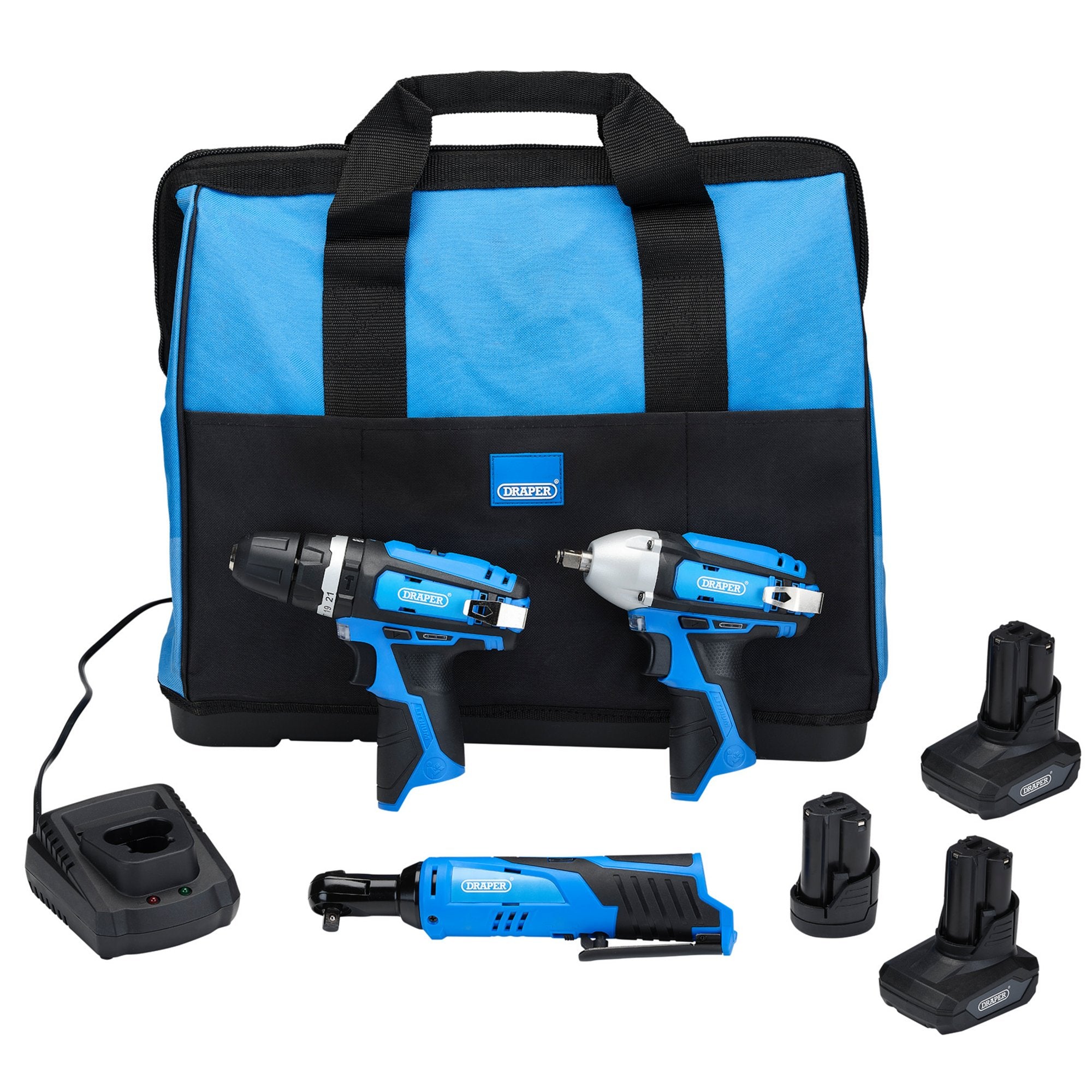 12V-Drill-Drive-and-Ratchet-Interchange-Kit,-2-x-4.0Ah-Li-ion-Battery,-1-x-1.5Ah-Li-ion-Battery,-1-x-Fast-Charger,-1-x-Tool-Bag