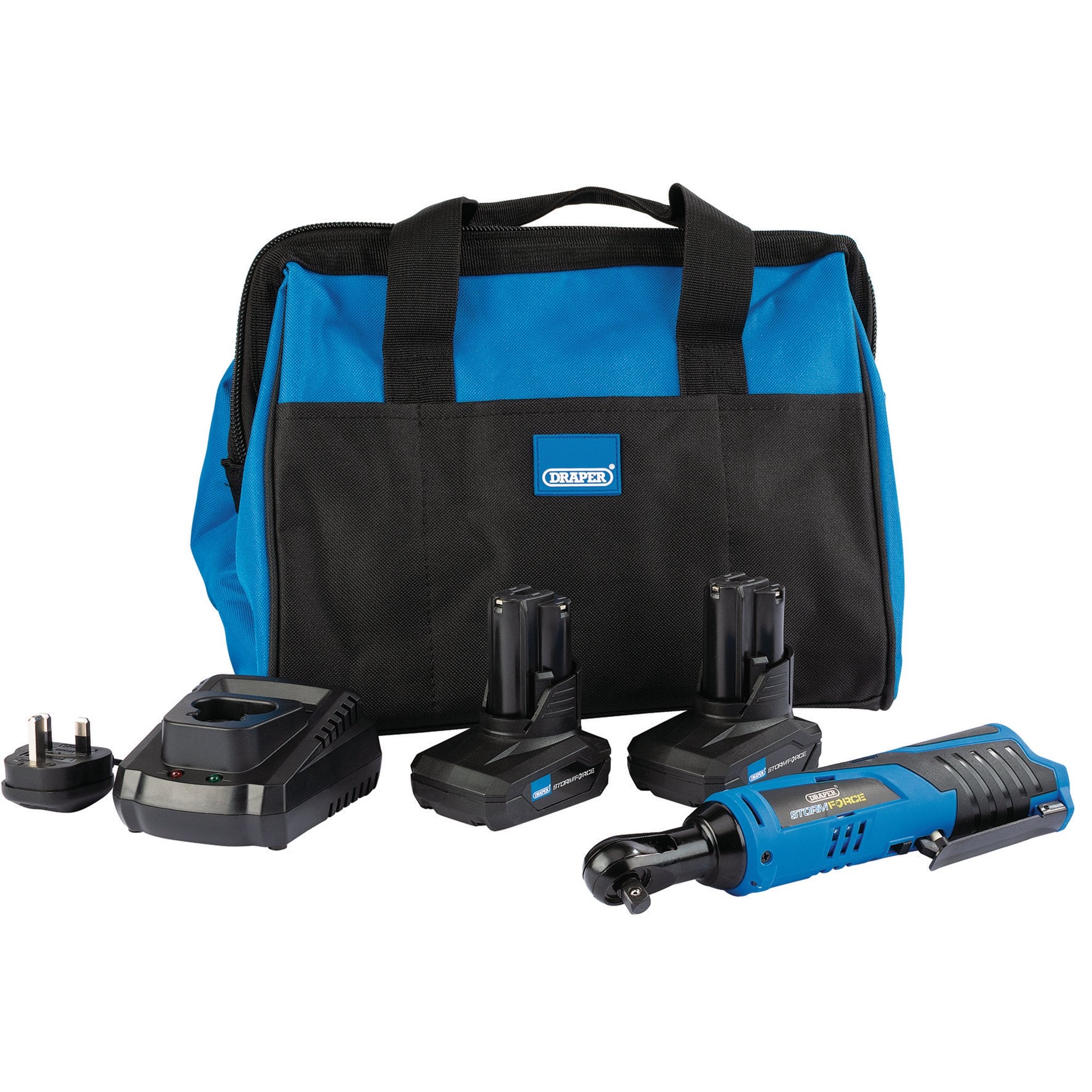 Draper-Storm-Force-10.8V-Power-Interchange-Reversible-Ratchet-Kit,-2-x-4.0Ah-Batteries,-1-x-Charger,-1-x-Bag