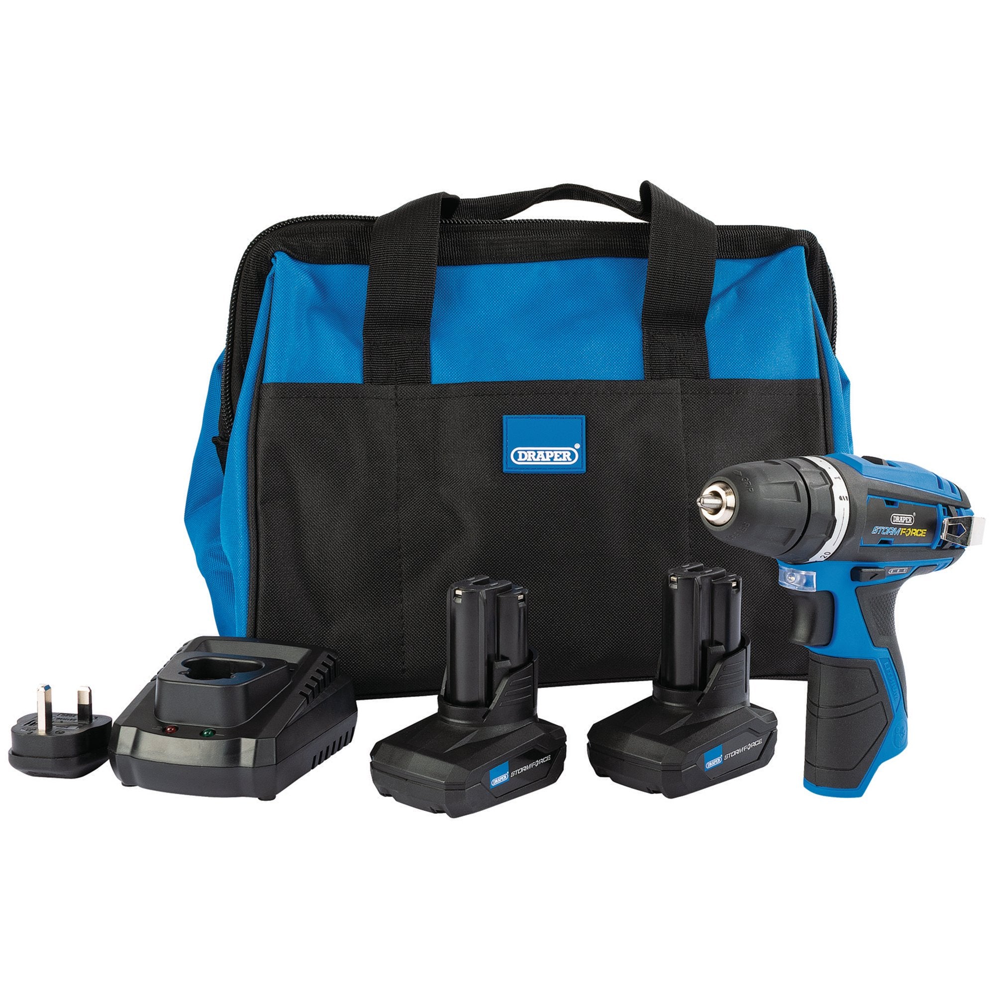 Draper-Storm-Force-10.8V-Power-Interchange-Rotary-Drill-Kit,-2-x-4.0Ah-Batteries,-1-x-Charger,-1-x-Bag