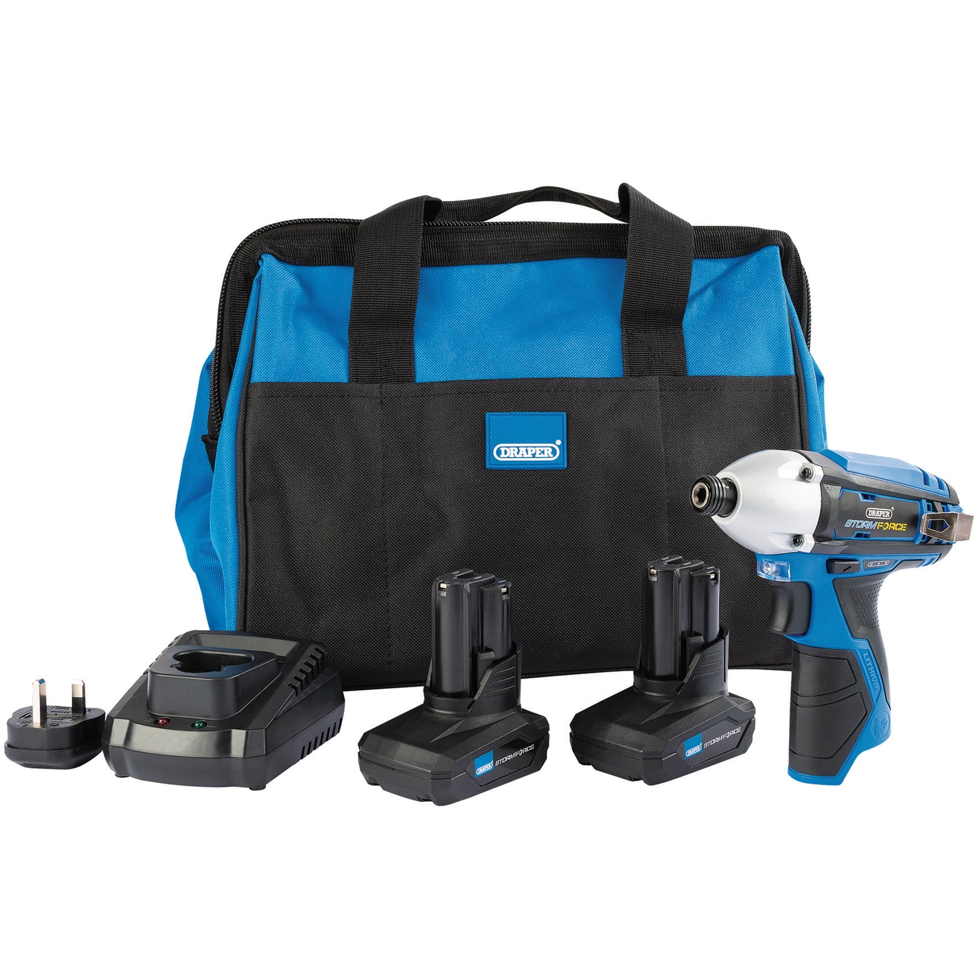 Draper-Storm-Force-10.8V-Power-Interchange-Impact-Driver-Kit,-2-x-4.0Ah-Batteries,-1-x-Charger,-1-x-Bag