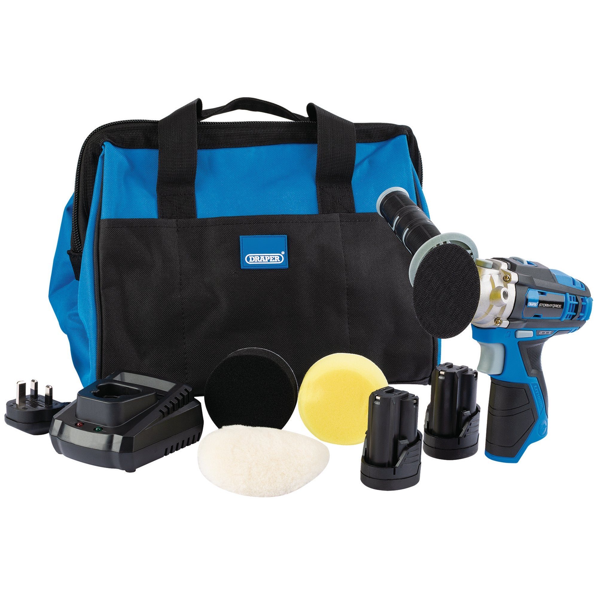 Draper-Storm-Force®-10.8V-Power-Interchange-Mini-Polisher-Kit,-2-x-1.5Ah-Batteries,-1-x-Charger,-1-x-Bag