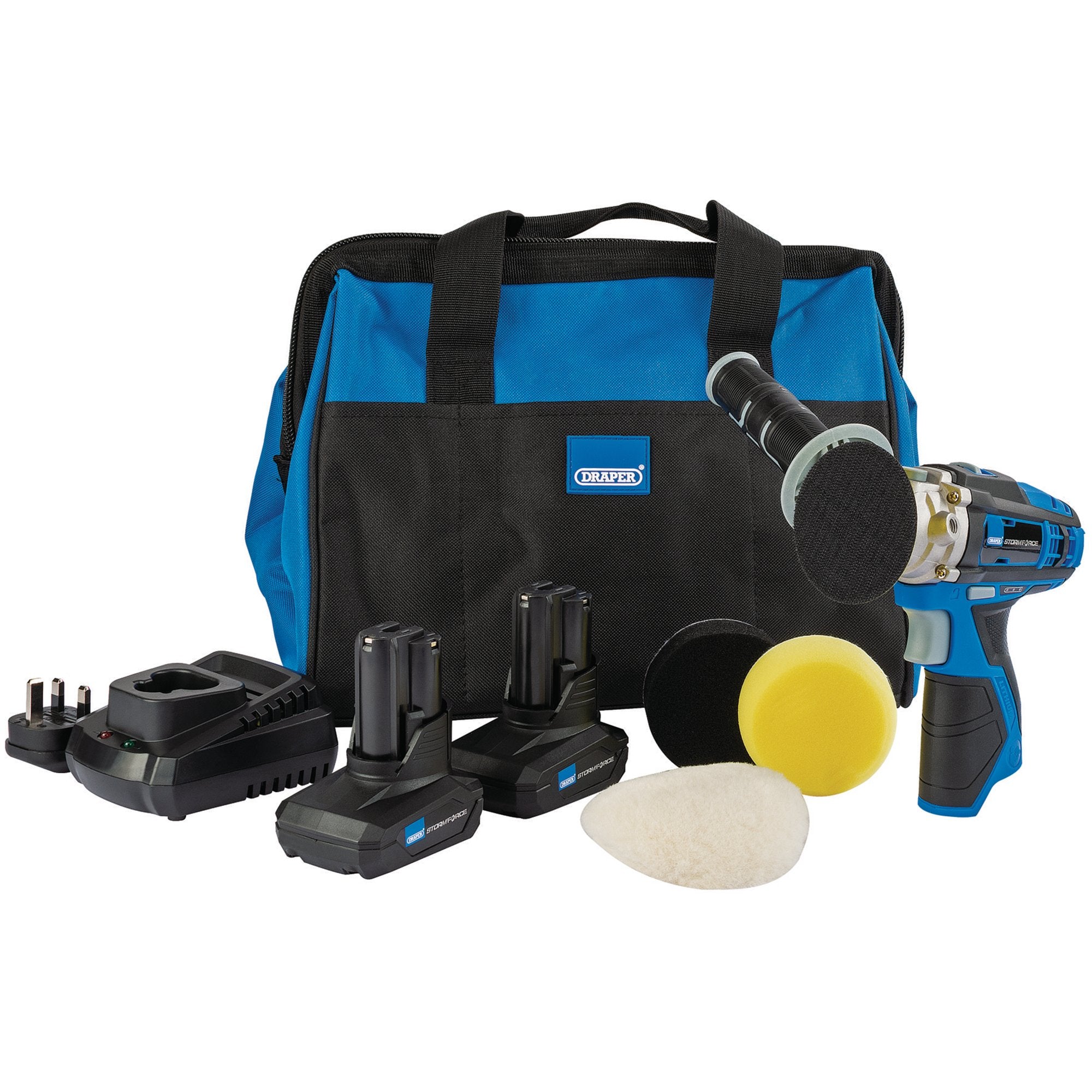 Draper-Storm-Force-10.8V-Power-Interchange-Mini-Polisher-Kit,-2-x-4.0Ah-Batteries,-1-x-Charger,-1-x-Bag