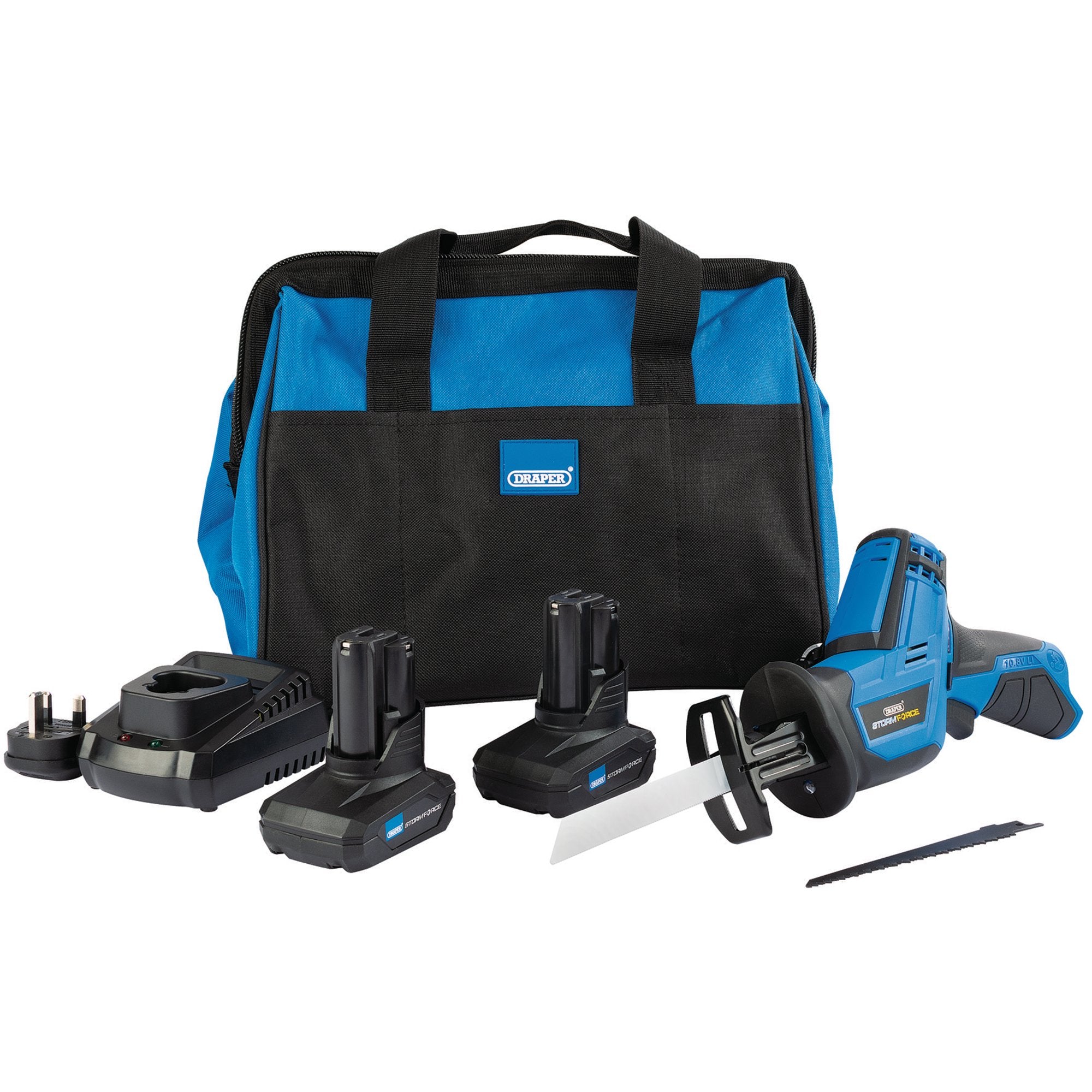Draper-Storm-Force-10.8V-Power-Interchange-Reciprocating-Saw-Kit,-2-x-4.0Ah-Batteries,-1-x-Charger,-1-x-Bag